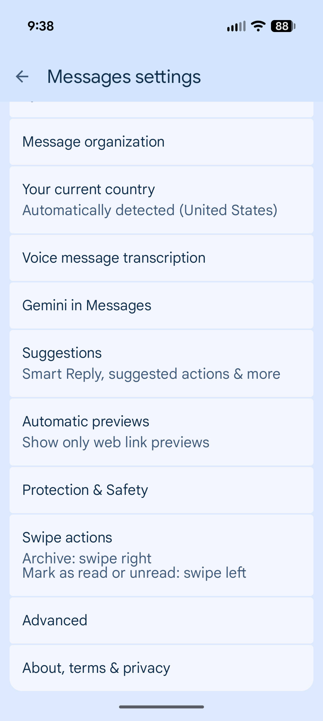 Screenshot of Google Messages settings page.