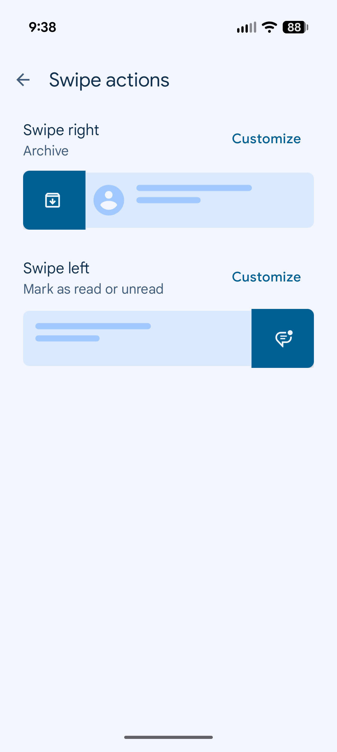 Screenshot of Google Messages settings page for changing swipe actions.