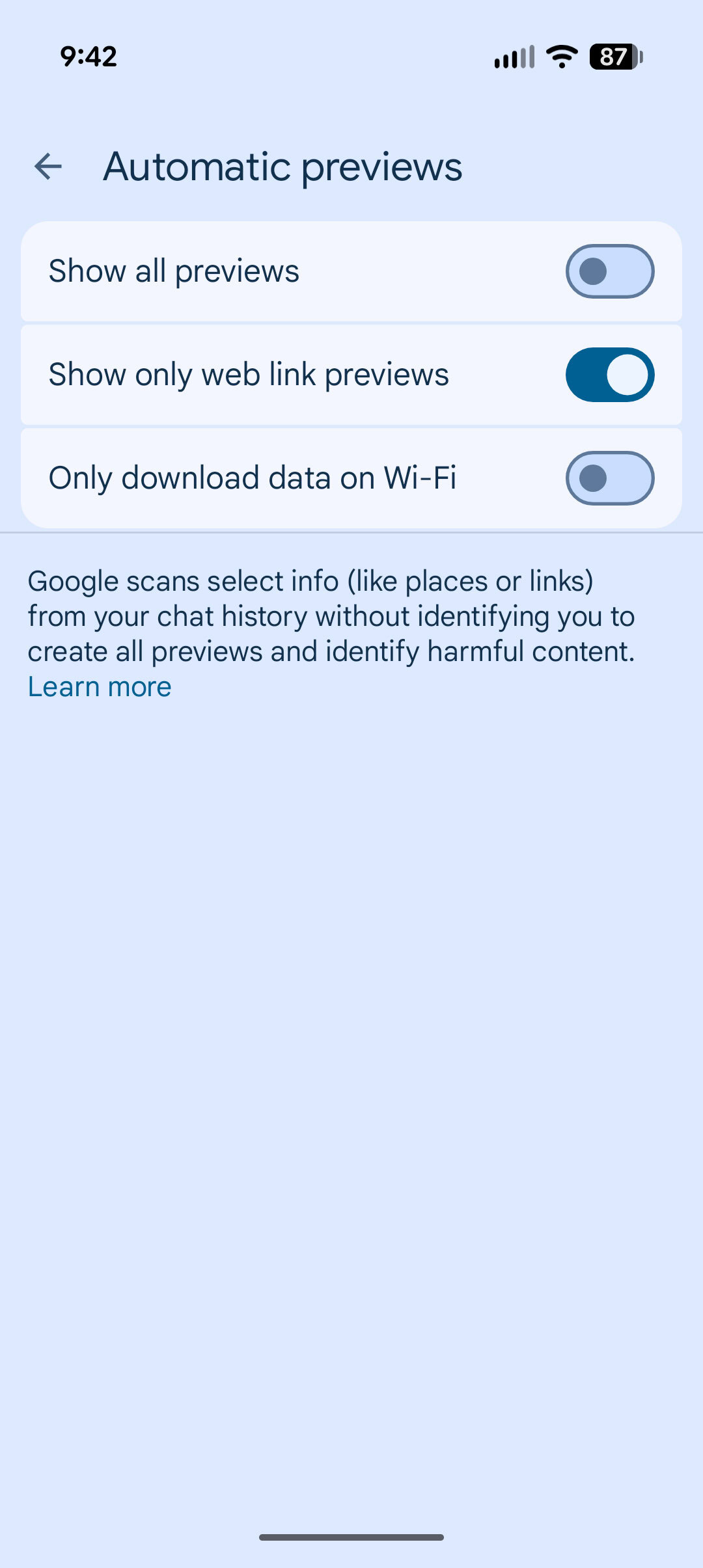 Screenshot of preview link settings in Google Messages.