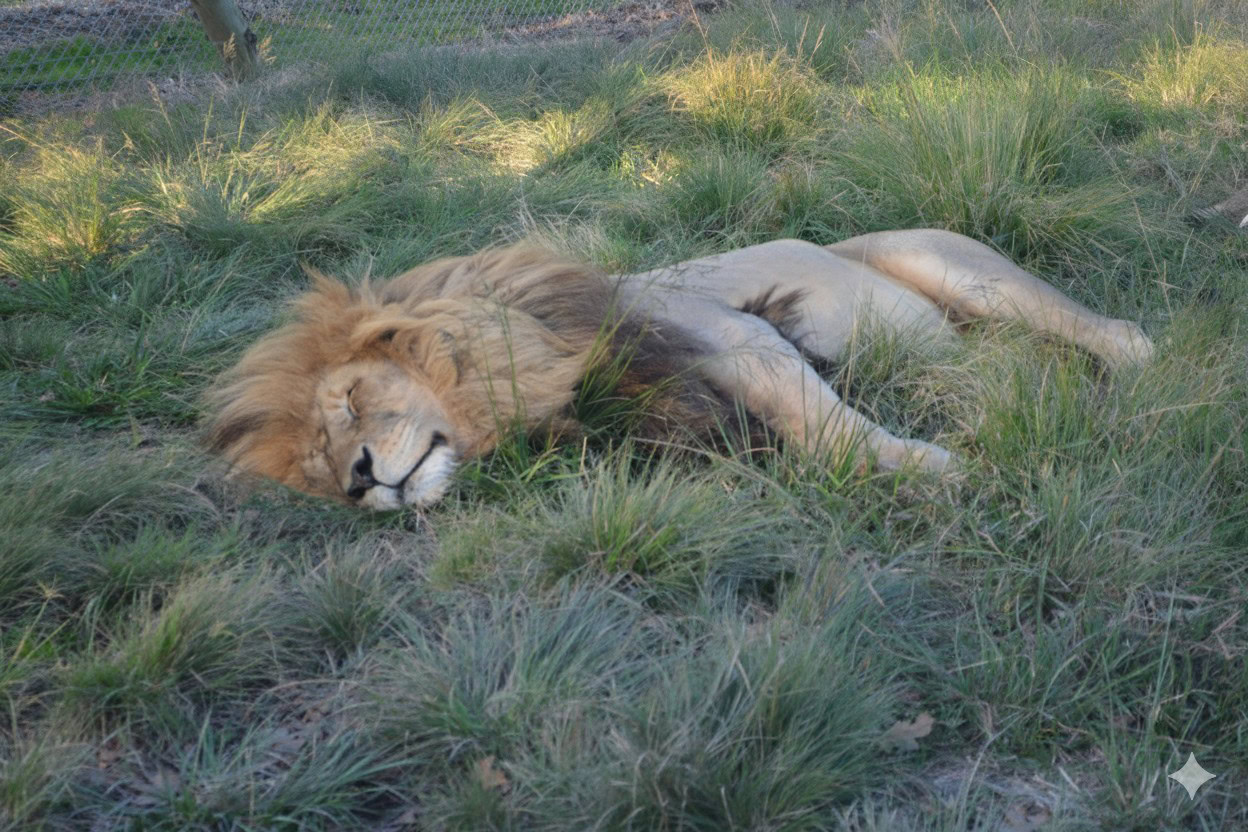 male lion in grass with fence removed from image