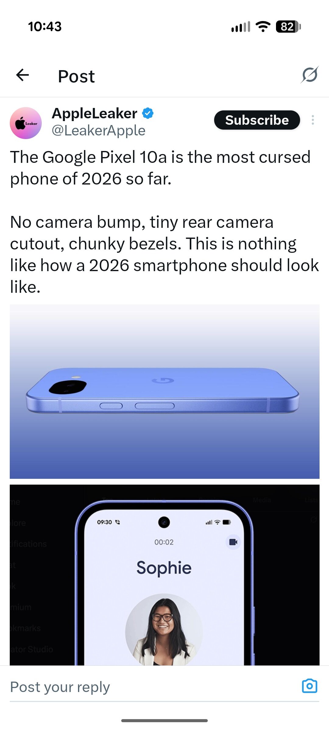 An X post about the Pixel 10a that reads: The Google Pixel 10a is the most cursed phone of 2026 so far. No camera bump, tiny rear camera cutout, chunky bezels. This is nothing like how a 2026 smartphone should look like.