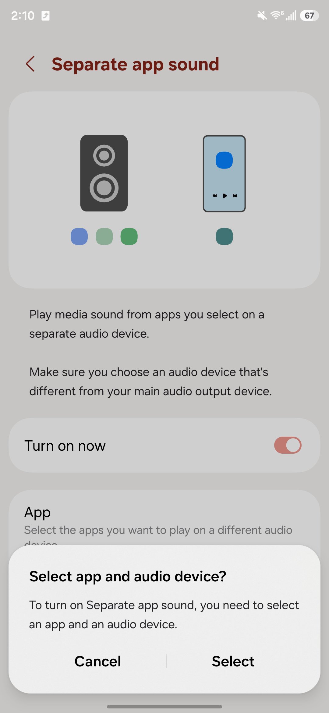 Screenshot of setting up Separate App Sound on a Samsung phone.