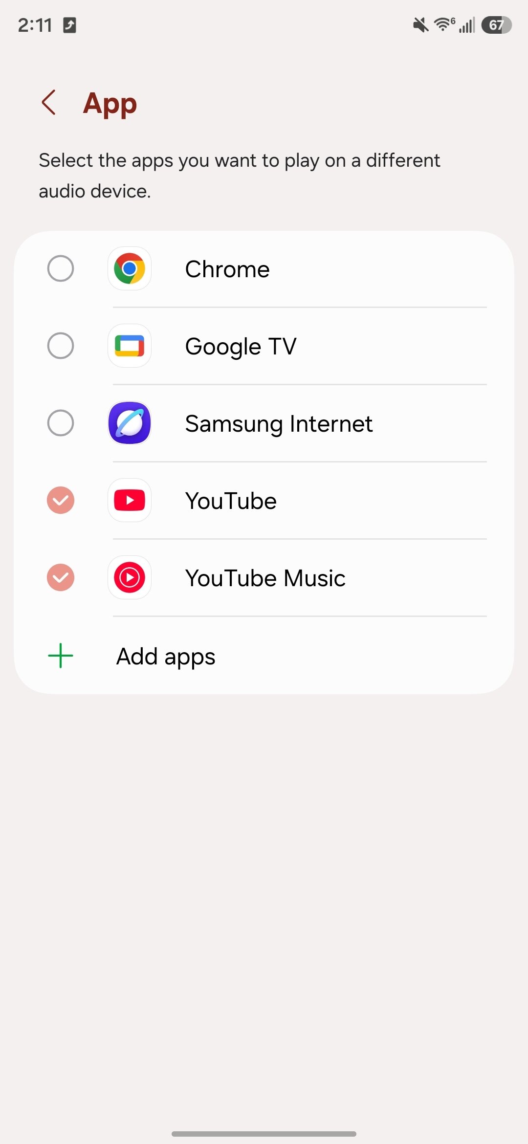 Screenshot of setting up Separate App Sound on a Samsung phone.