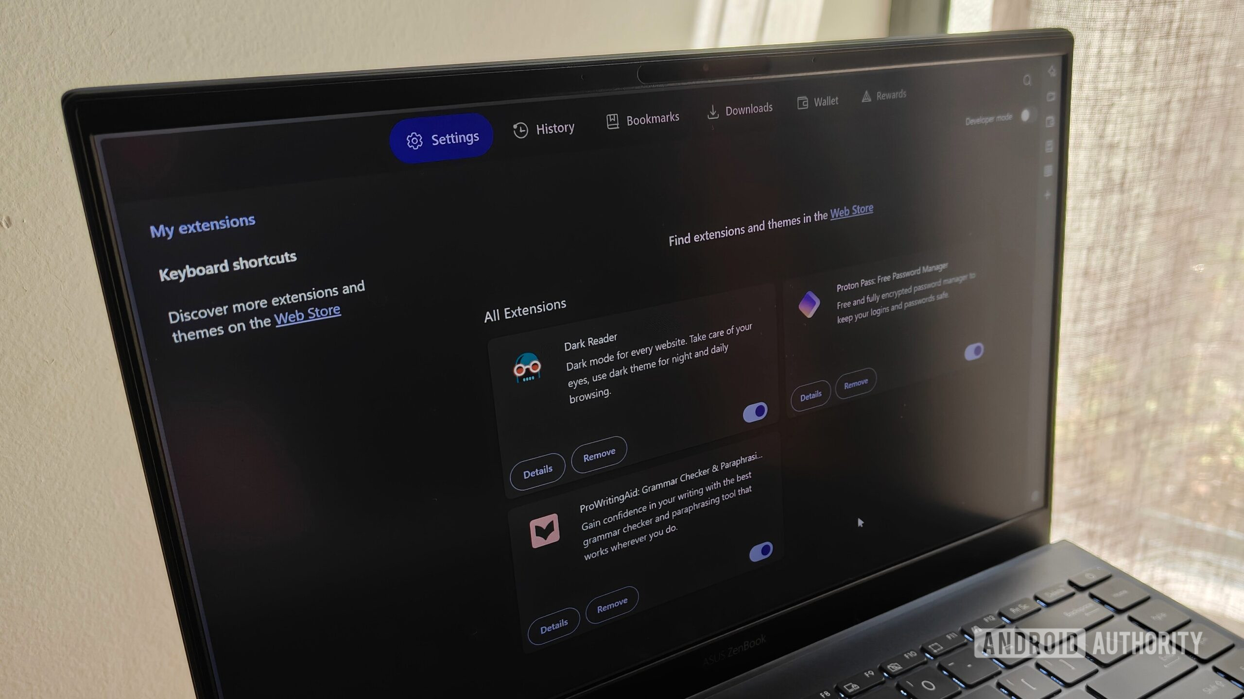 the browser extensions page in brave on a laptop