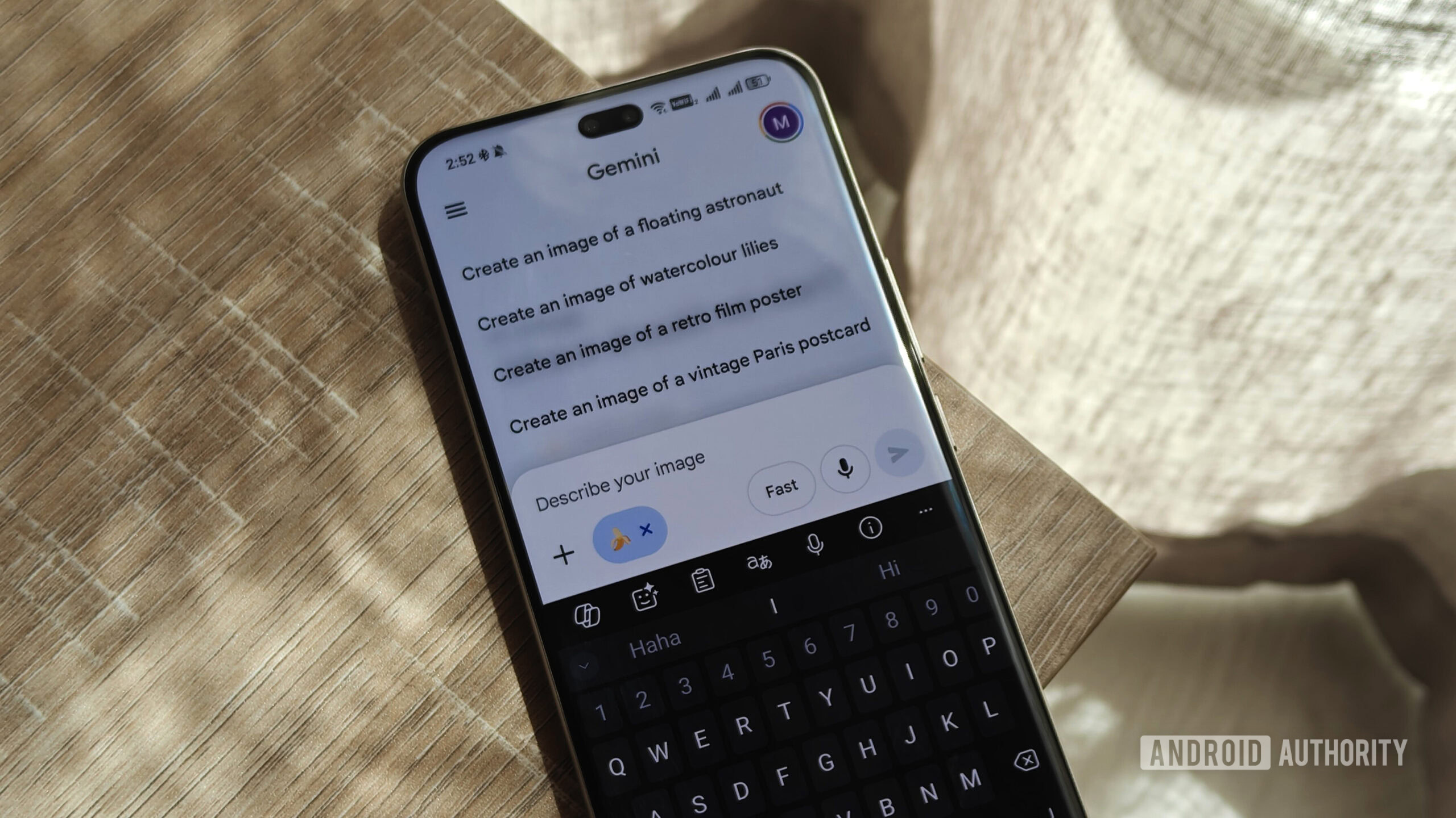the gemini app with nano banana selected