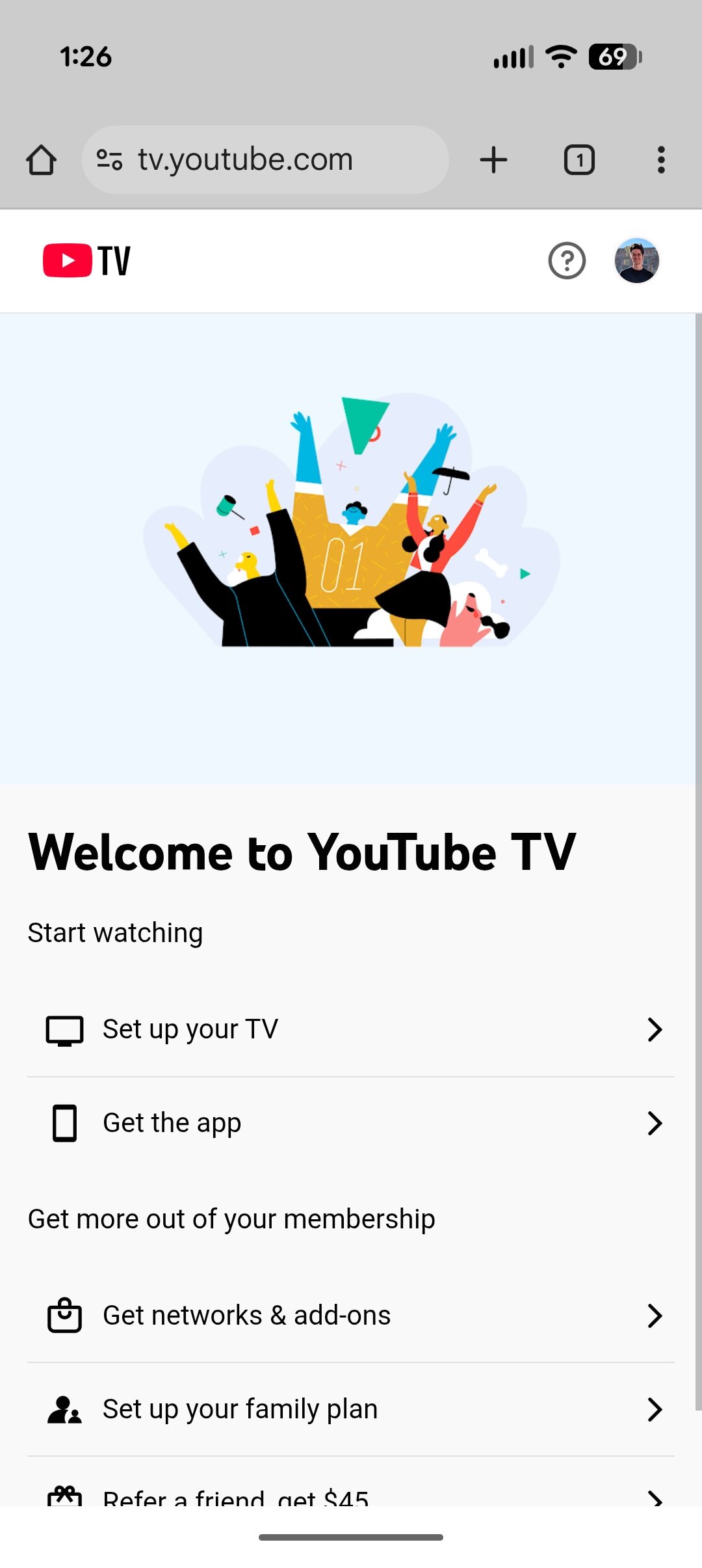 Screenshot of YouTube TV website, showing how to find a promotional discount.