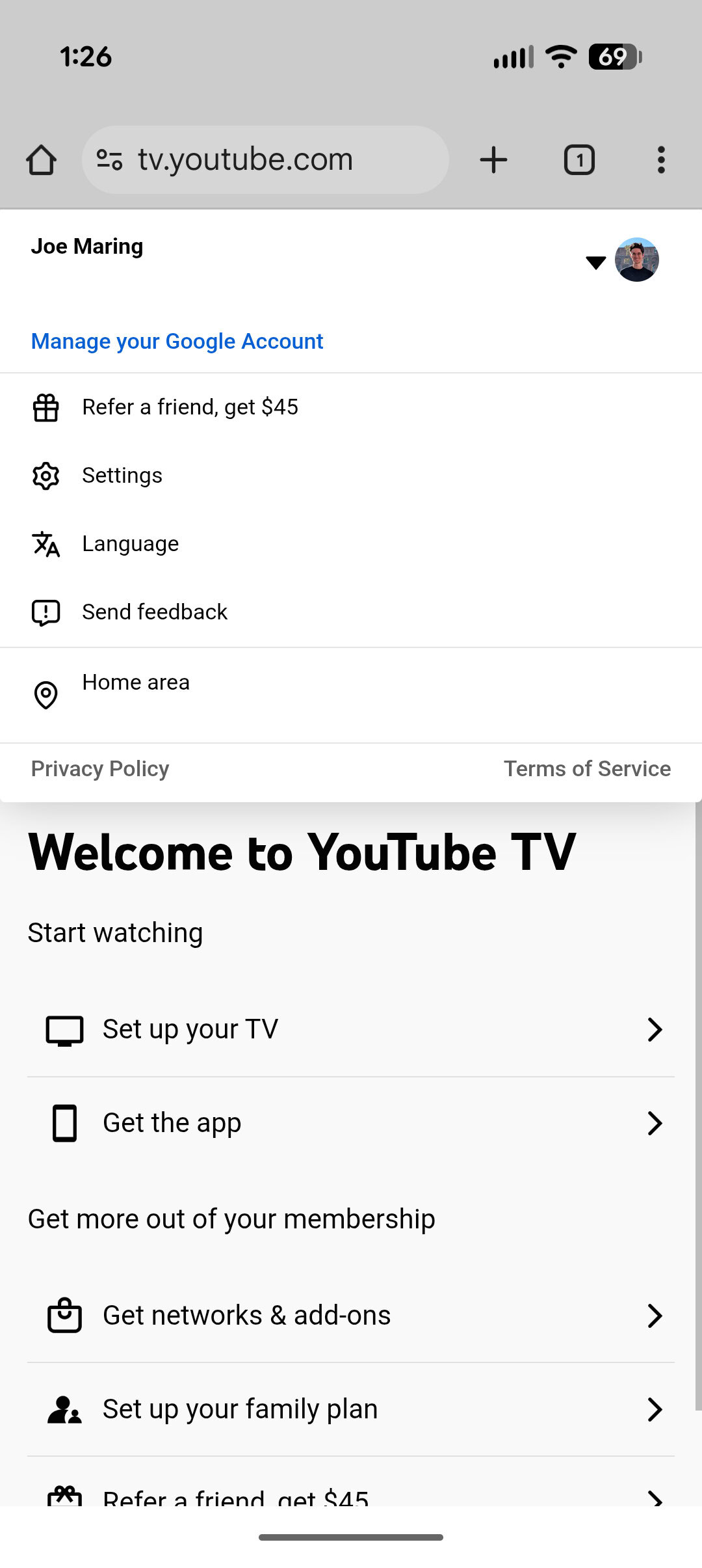 Screenshot of YouTube TV website, showing how to find a promotional discount.