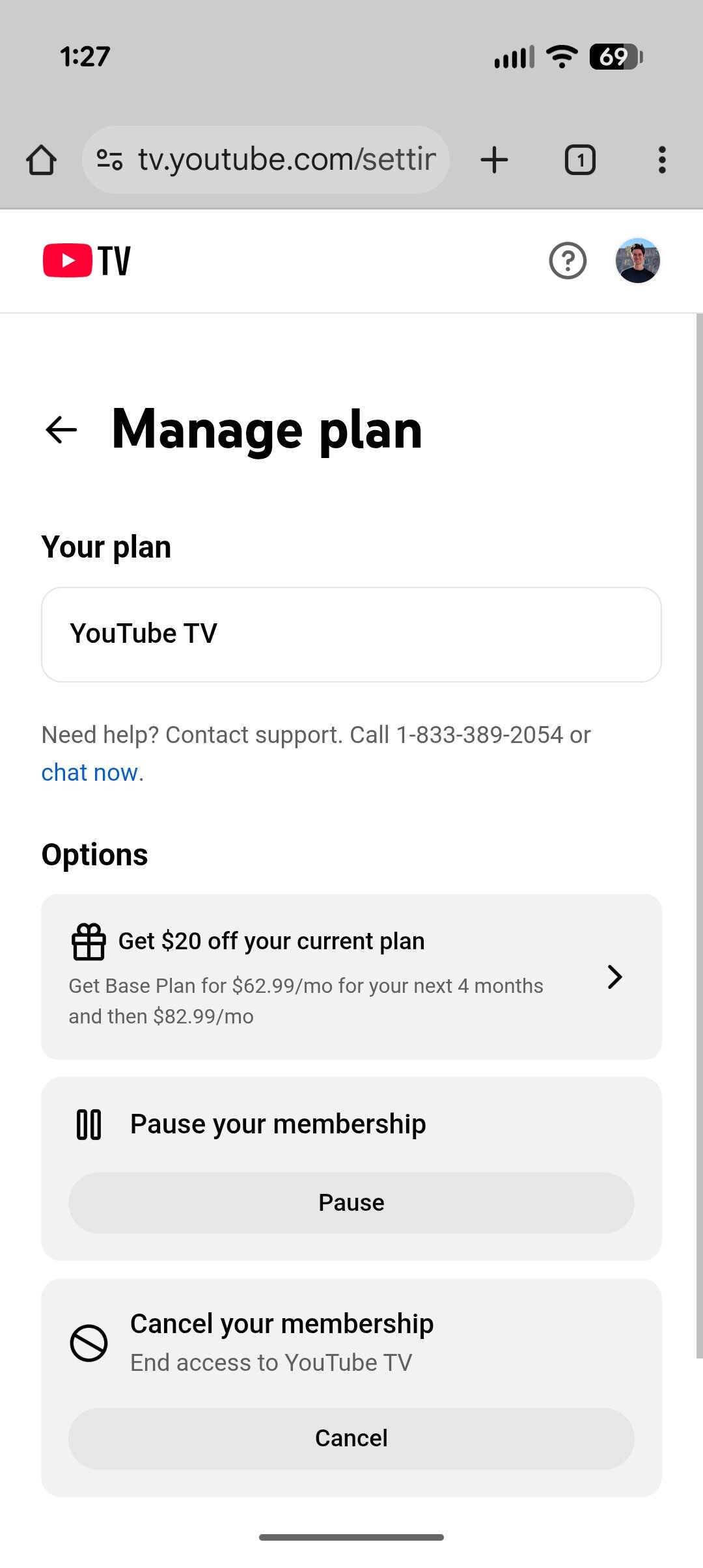 Screenshot of YouTube TV website, showing how to find a promotional discount.