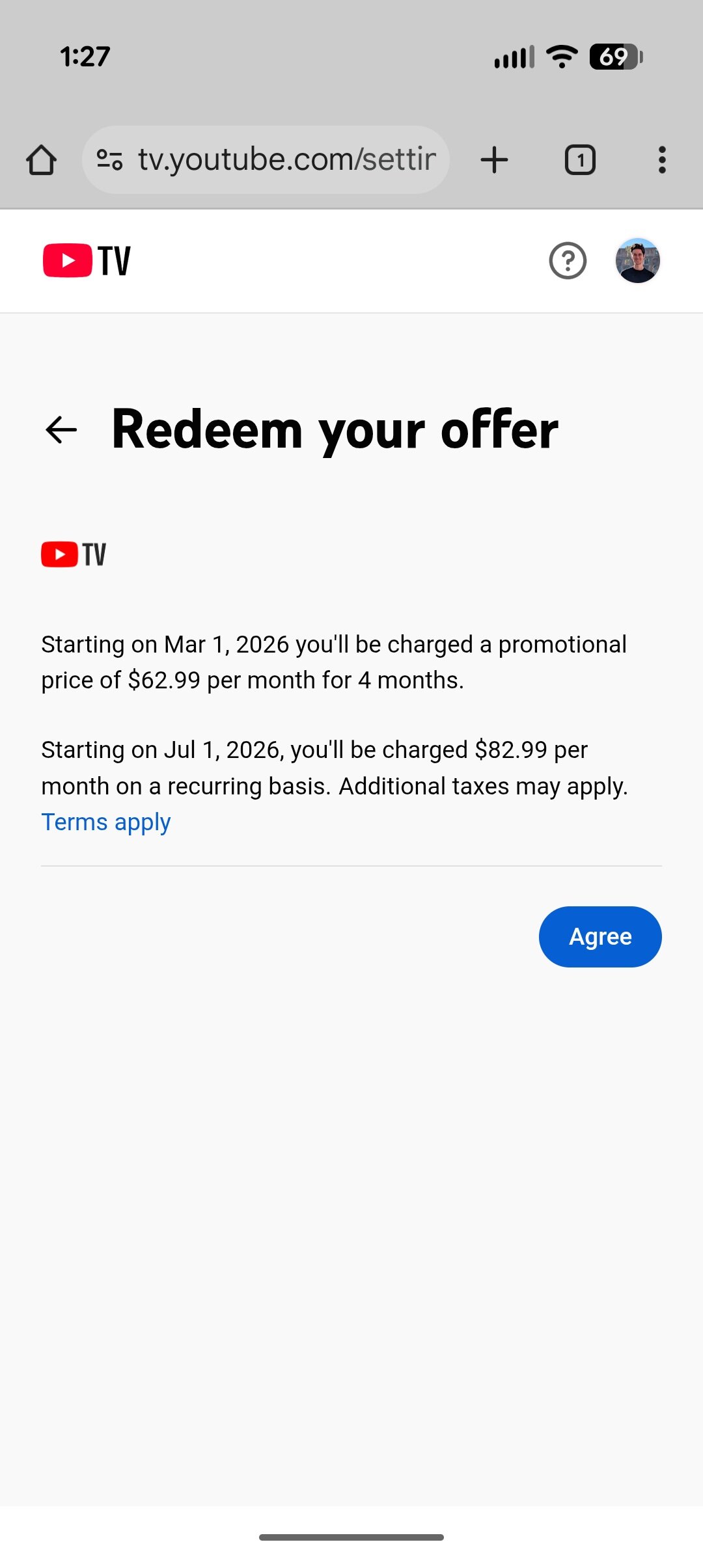 Screenshot of YouTube TV website, showing how to find a promotional discount.