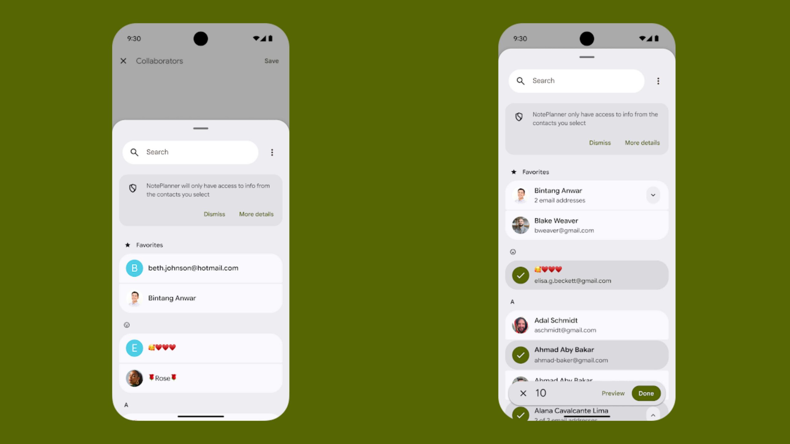 Example screenshots of Android 17's Contact Picker in action.