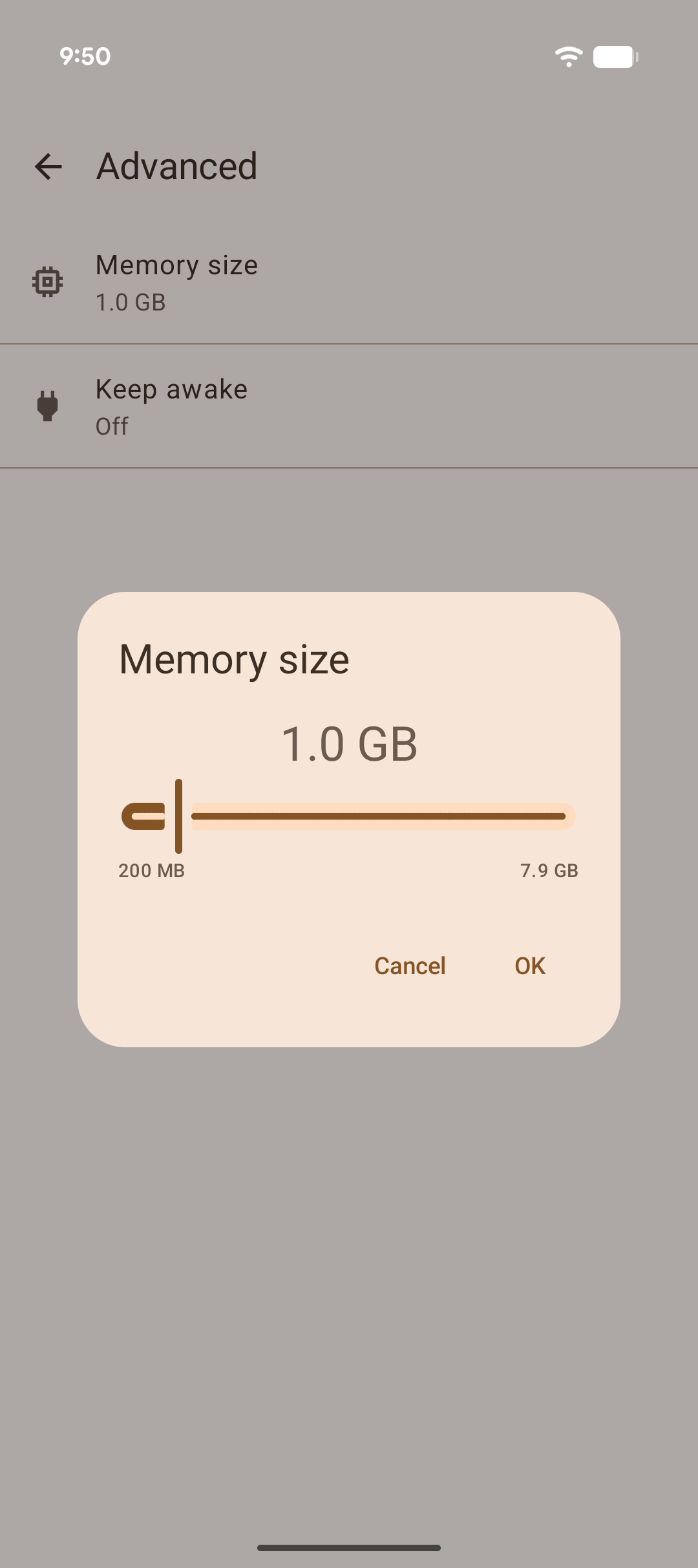 Android Canary Terminal Memory Size