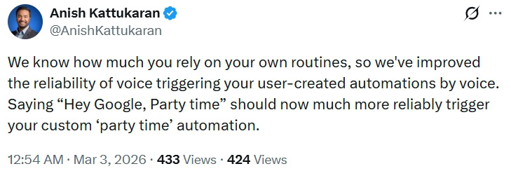 Anish Kattukaran sharing Google Home March 2026 updates 3 Anish Kattukaran sharing Google Home March 2026 updates 3