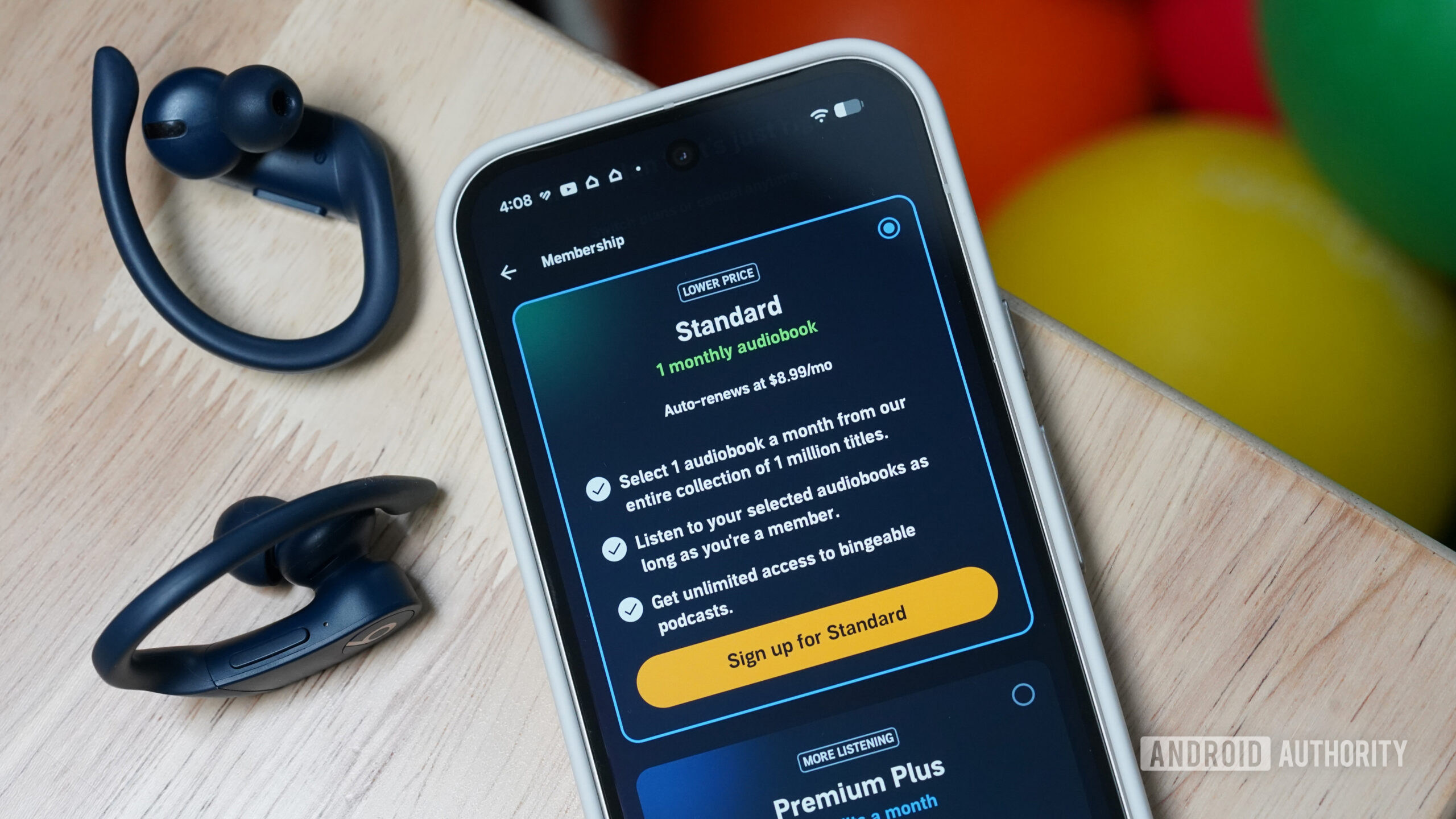 A Pixel phone displays the Audible app's Standard Plan.
