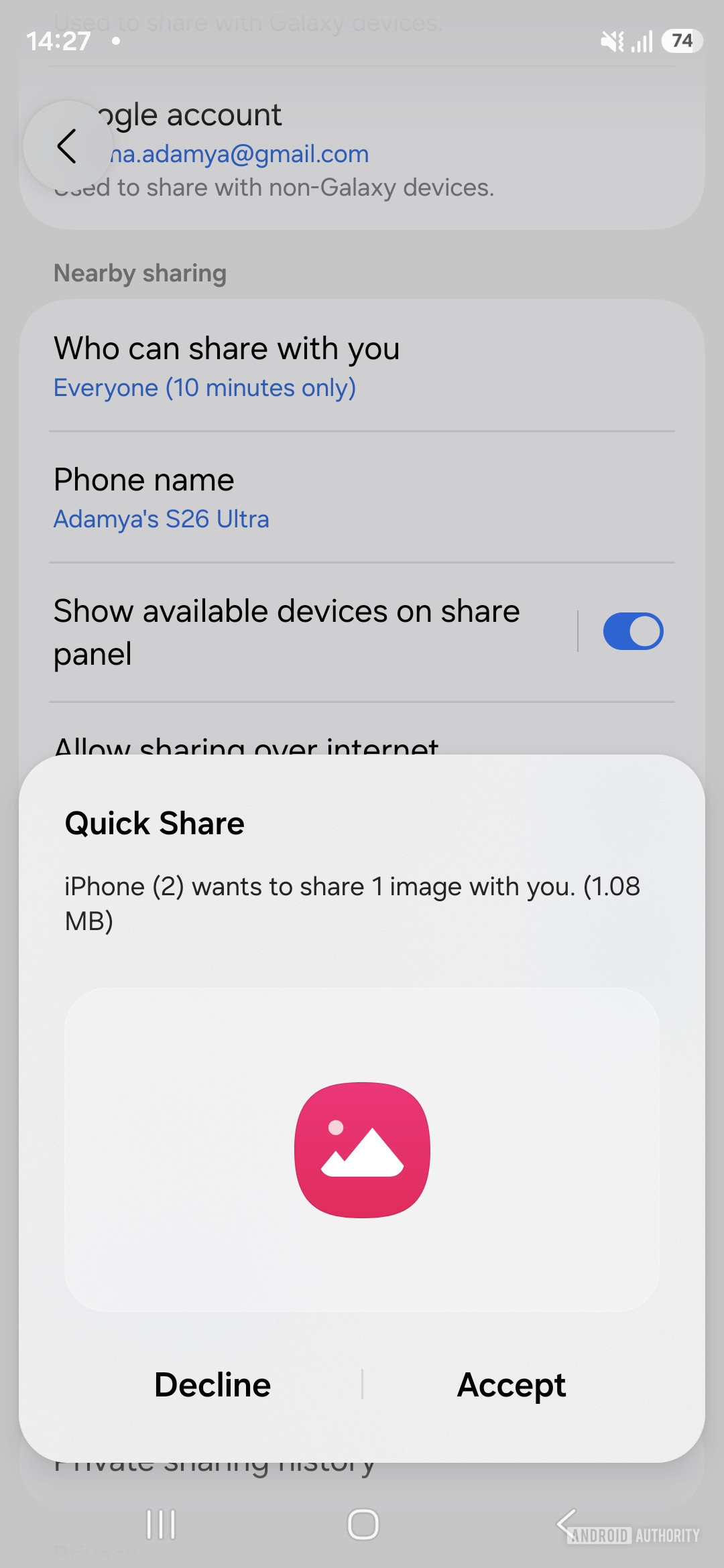 Galaxy S26 Ultra Quick share airdrop transfer