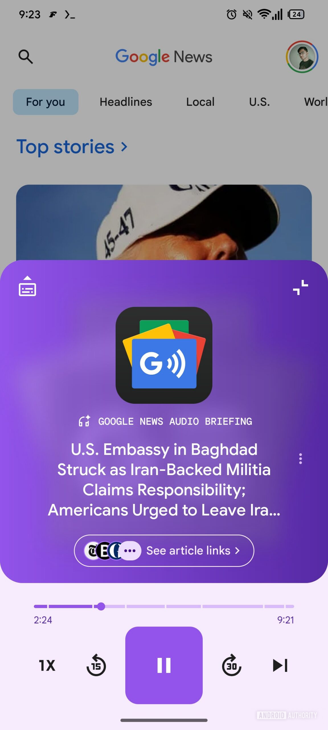 Google News Audio Briefing Transcript Button