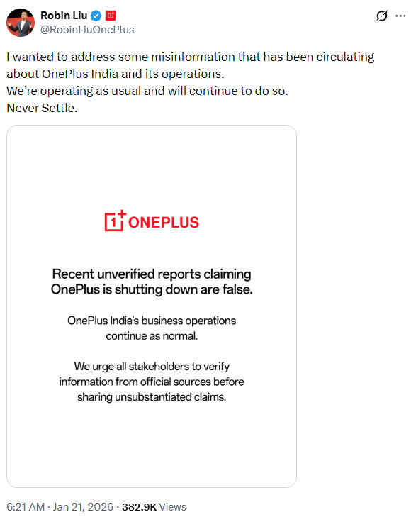 Robin Liu OnePlus January 2026 statement