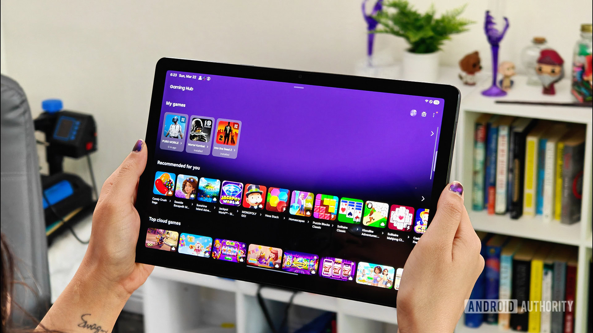 Samsung Galaxy Tab A15 Plus 5G review image showing Game Hub app on the tablet