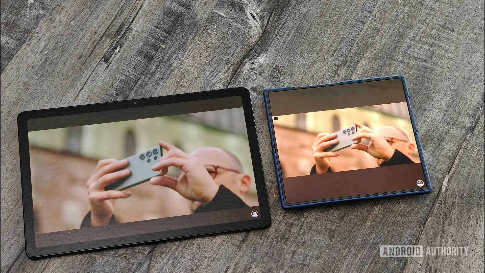 Samsung Galaxy Tab A15 Plus 5G review image showing the tablet next to a Galaxy Z Fold 7