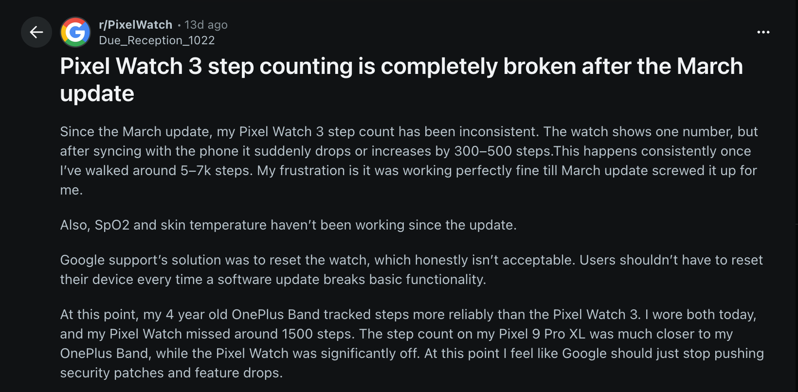 Screenshot 2026 03 23 at 2.07.28 PM Pixel Watch steps overcounting bug