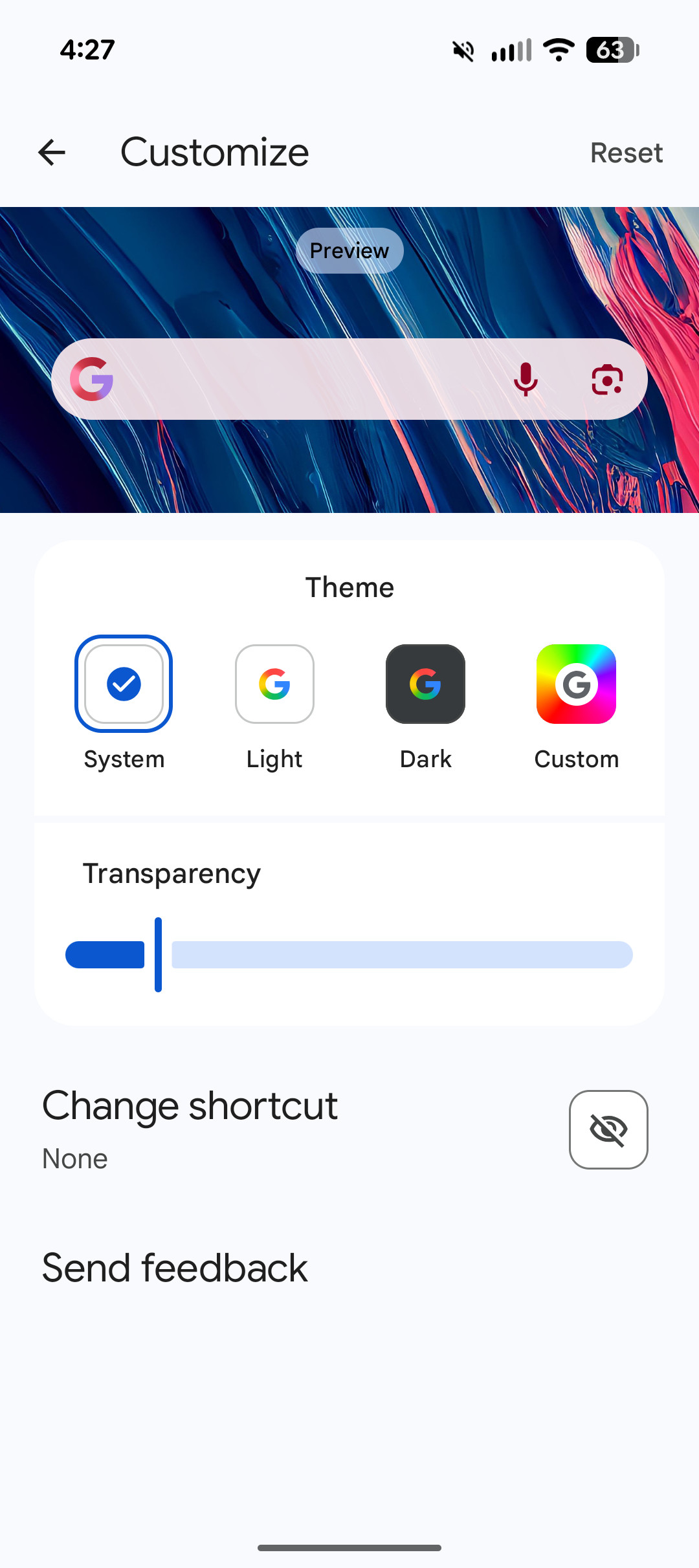 Screenshot of Google Search bar customization options on the Pixel 10a.