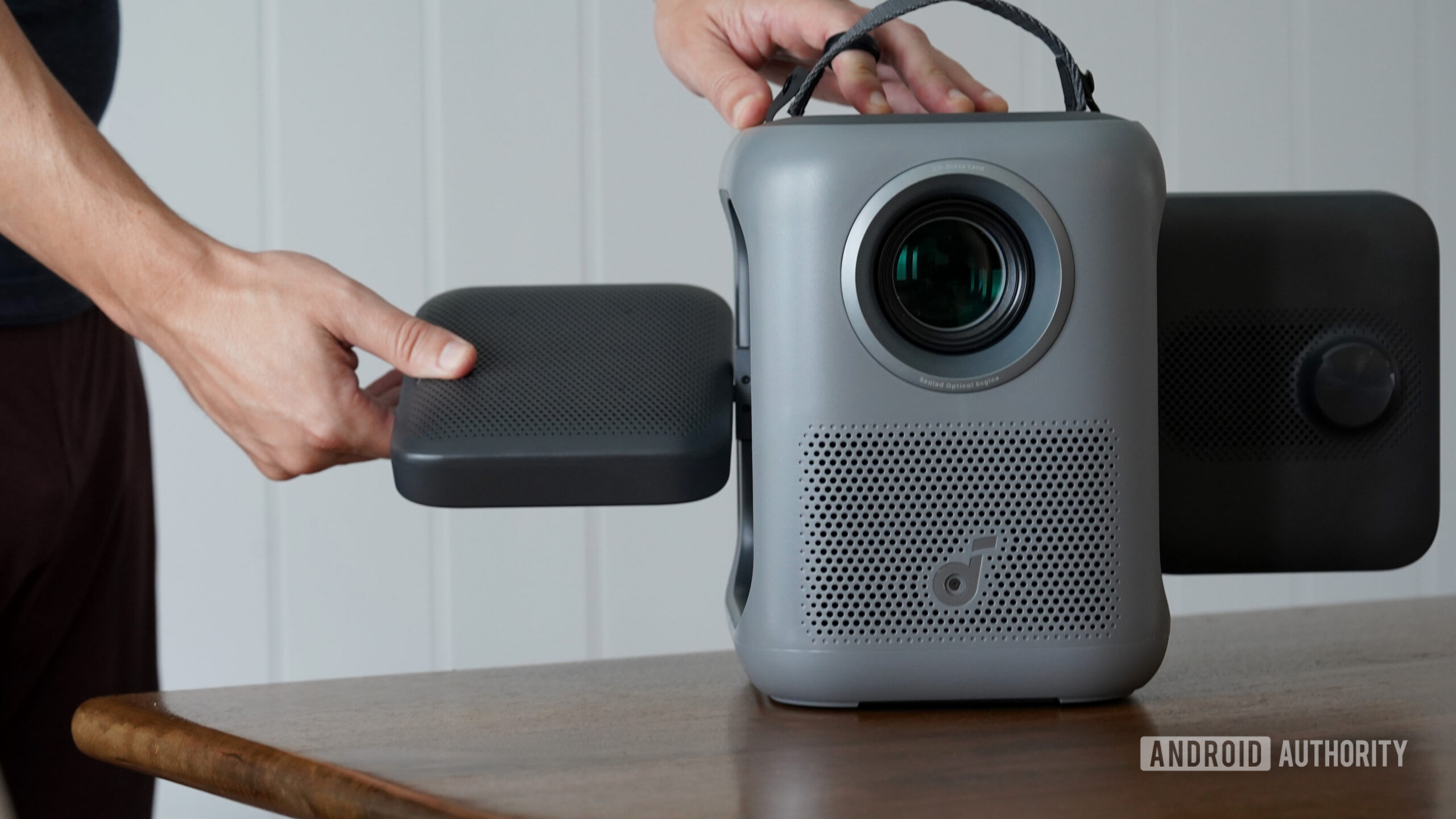 The Soundcore Nebula P1i features folding speaker panels.