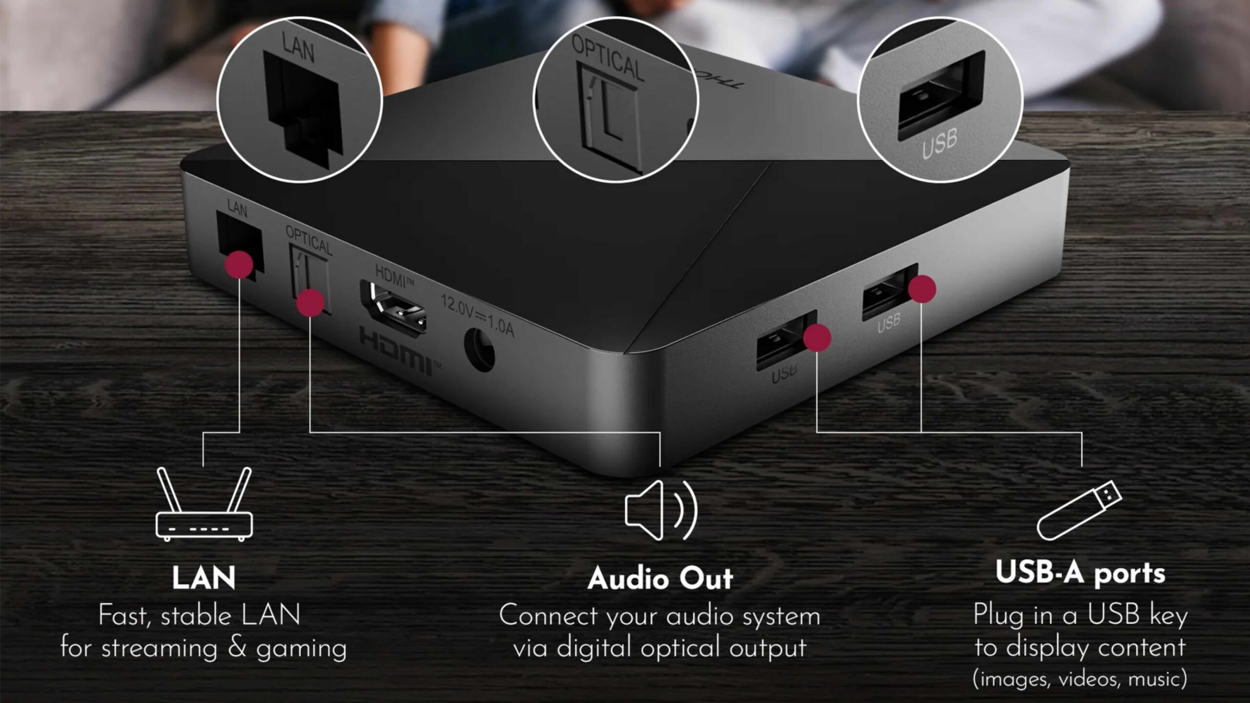 Thomson Google TV Streamer 2 The Thomson Google TV streaming box showing the inputs and outputs.