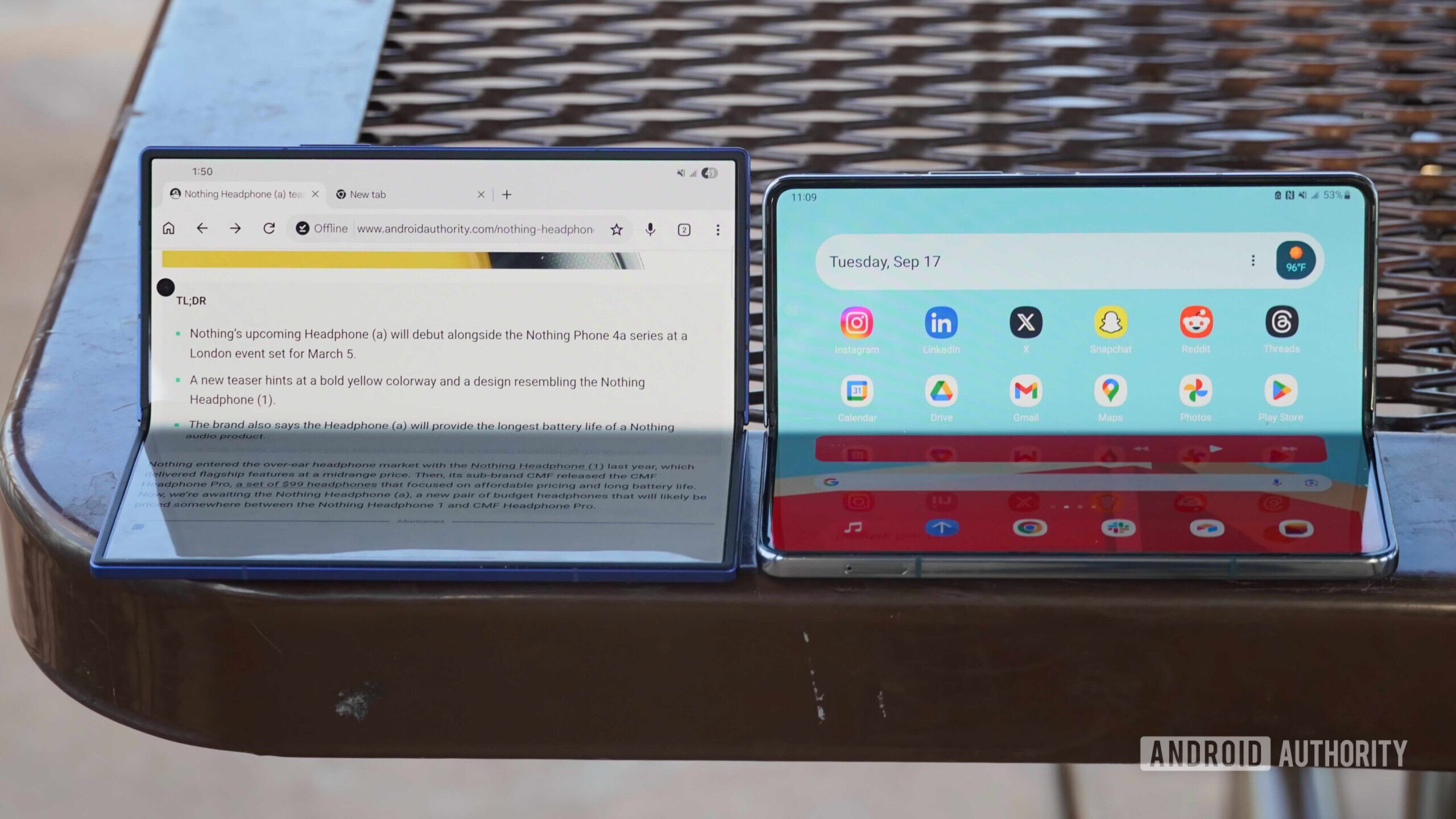 Z Fold 7 vs Fold 4 9 Fixed The Galaxy Z Fold 7 and Galaxy Z Fold 4 displays half-opened.