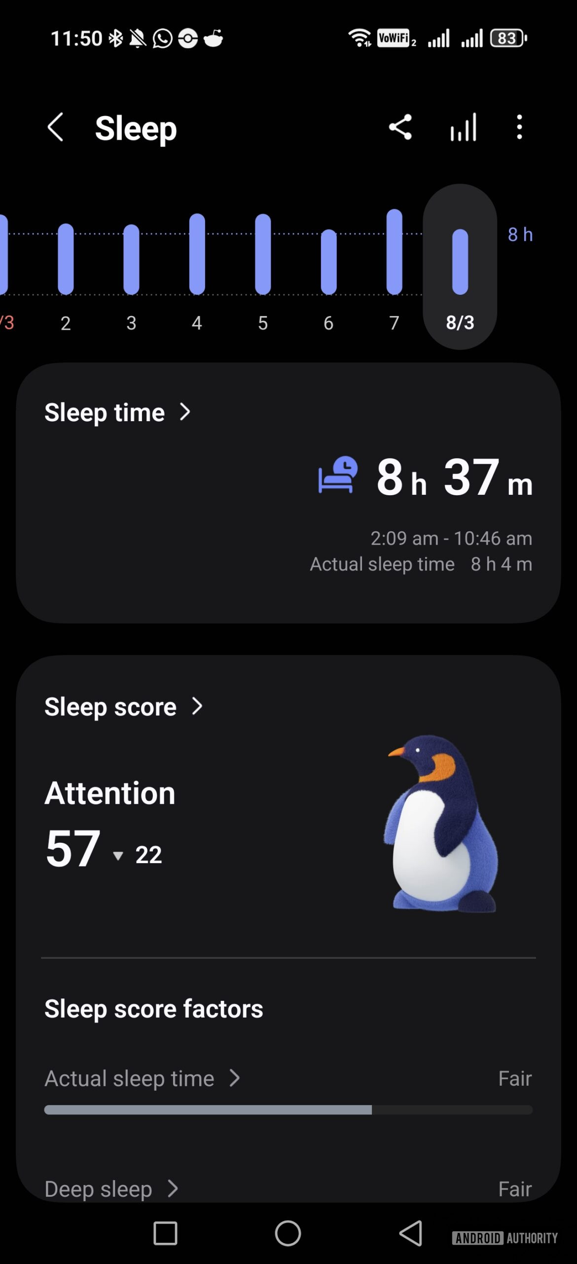 a sleep record in samsung health with actual sleep time
