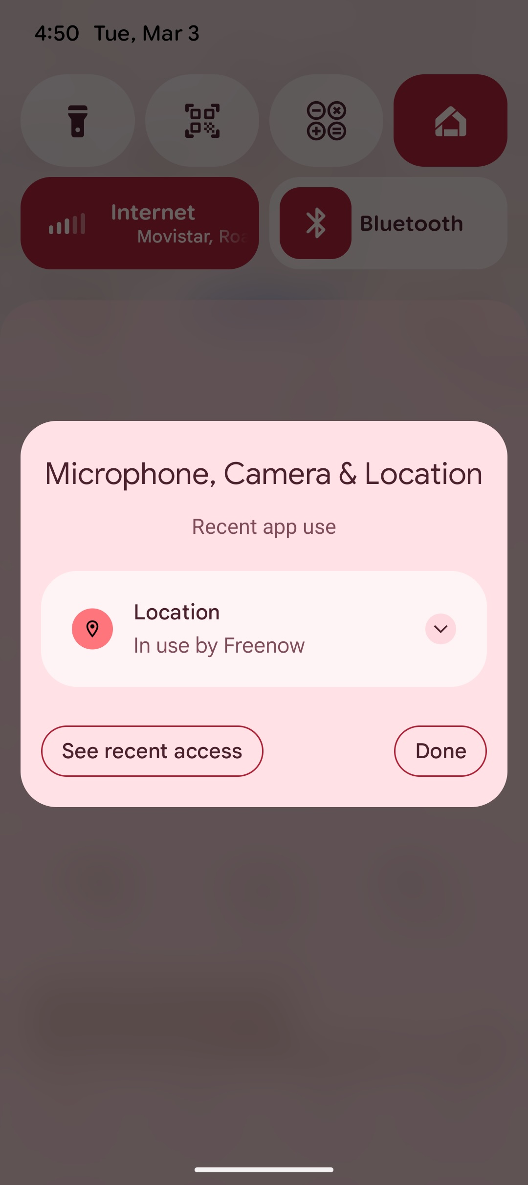 Screenshot of location permission expander pill in Android 16 QPR3.