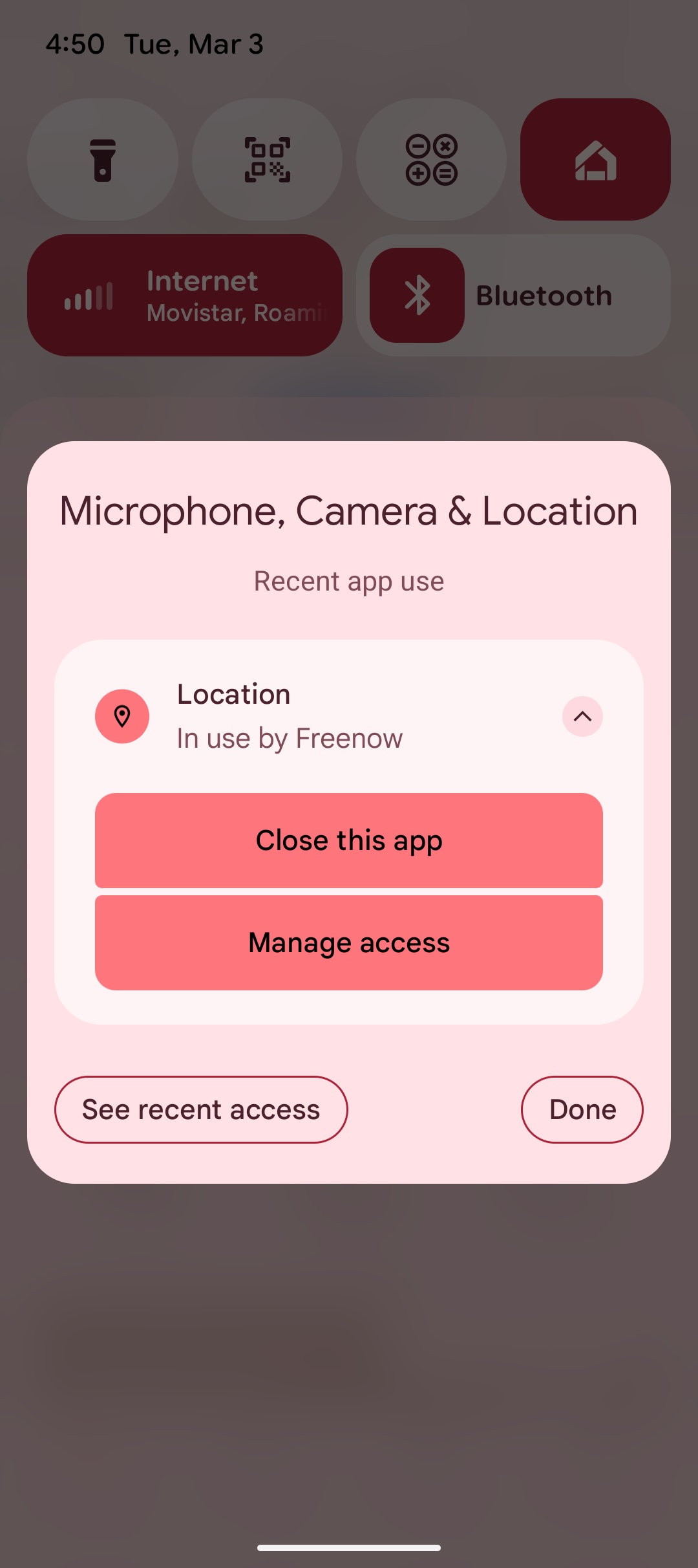 Screenshot of location permission expander pill in Android 16 QPR3.
