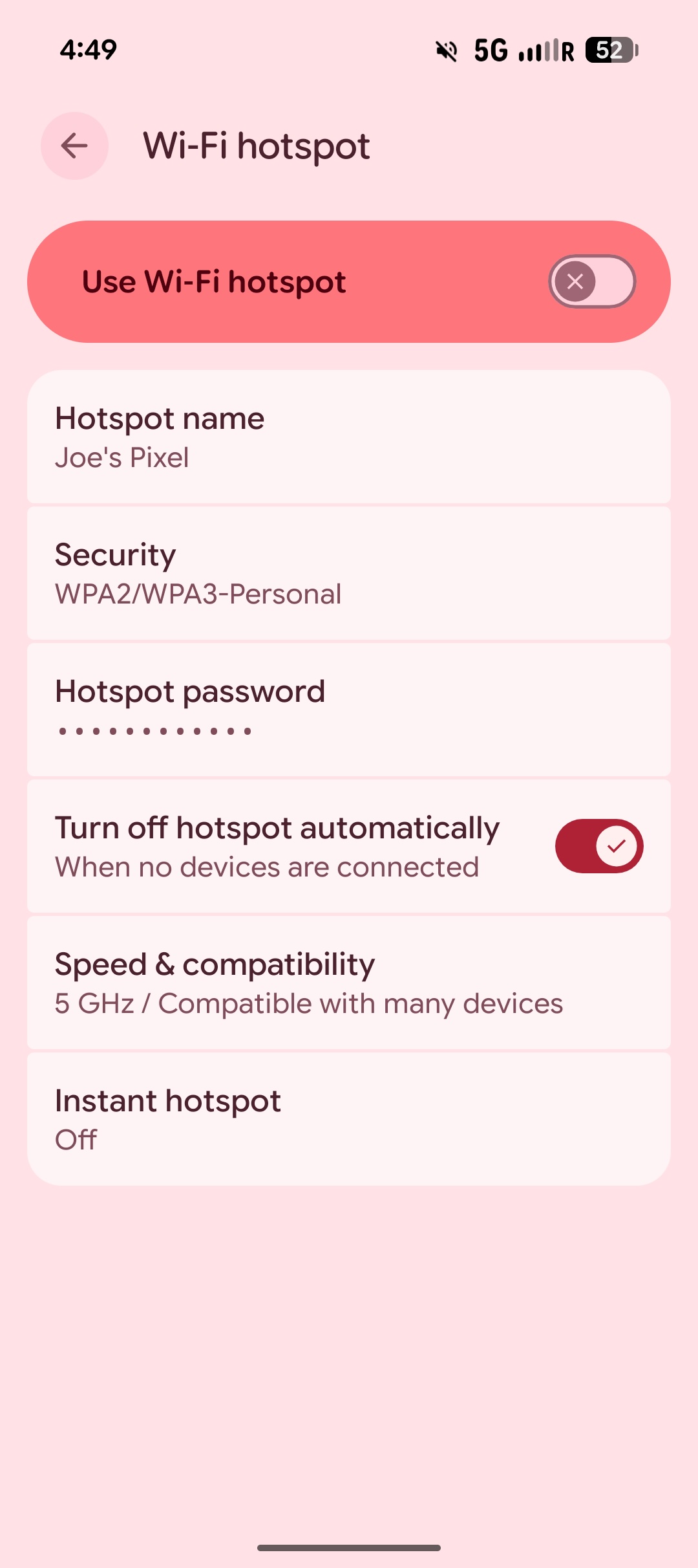 Screenshot of hotspot settings in Android 16 QPR3.