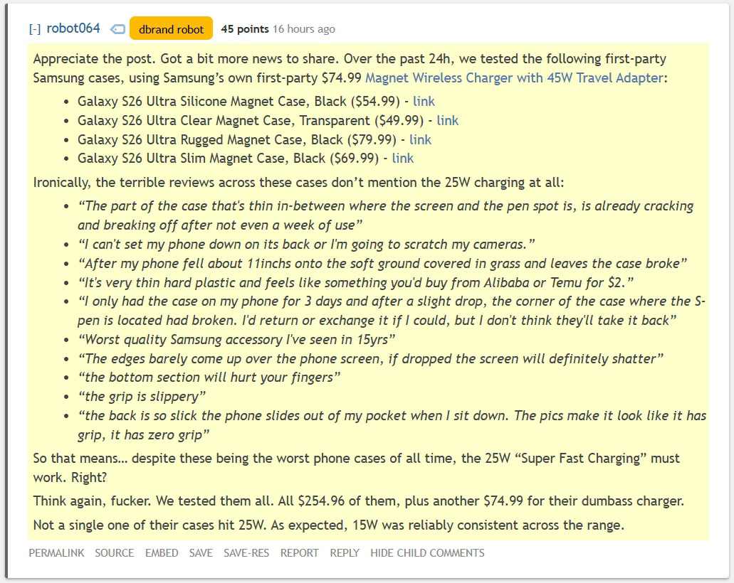 dbrand on Samsung's first party cases not supporting 25W wireless charging on the Galaxy S26 Ultra