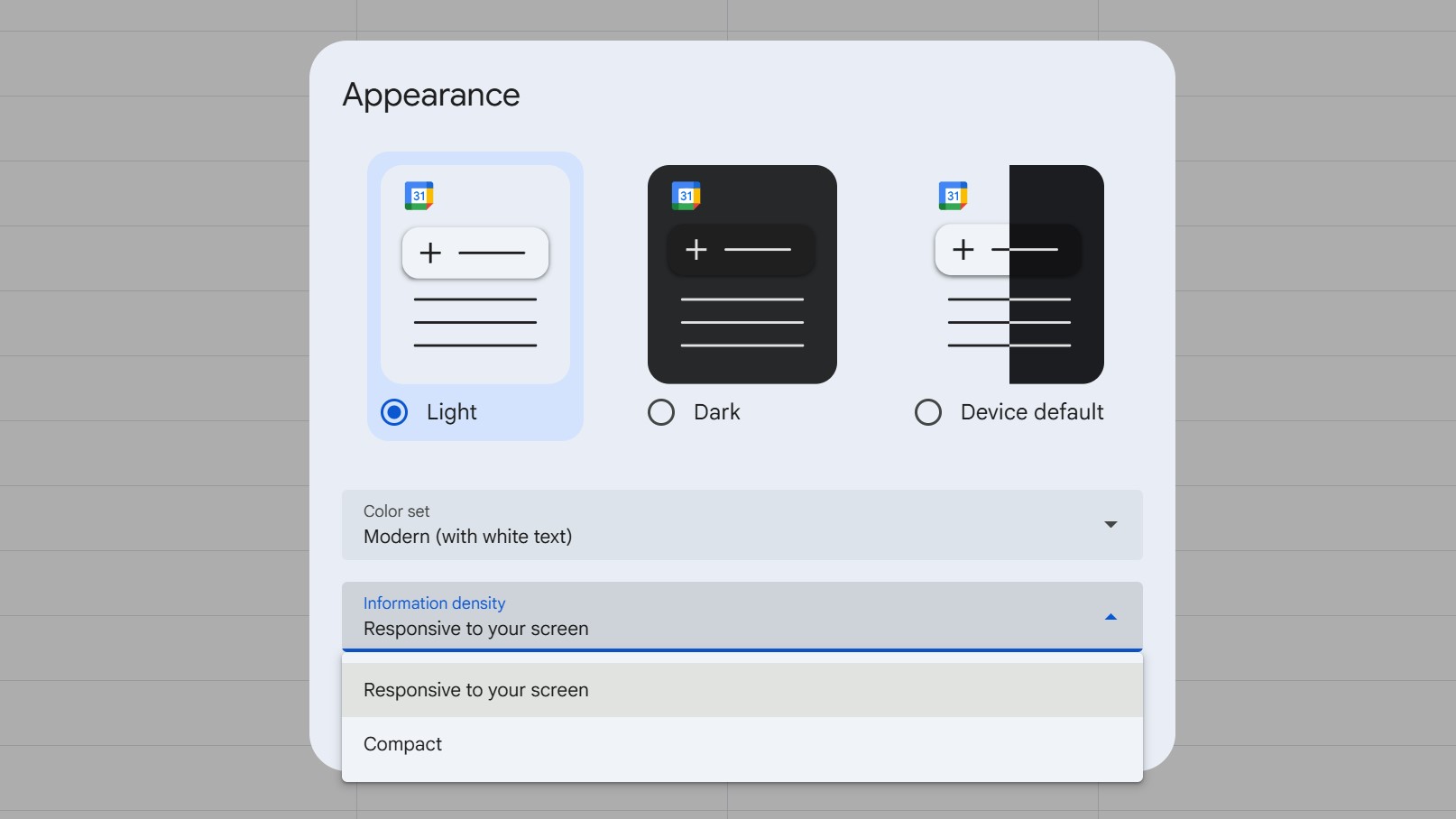 google calendar density