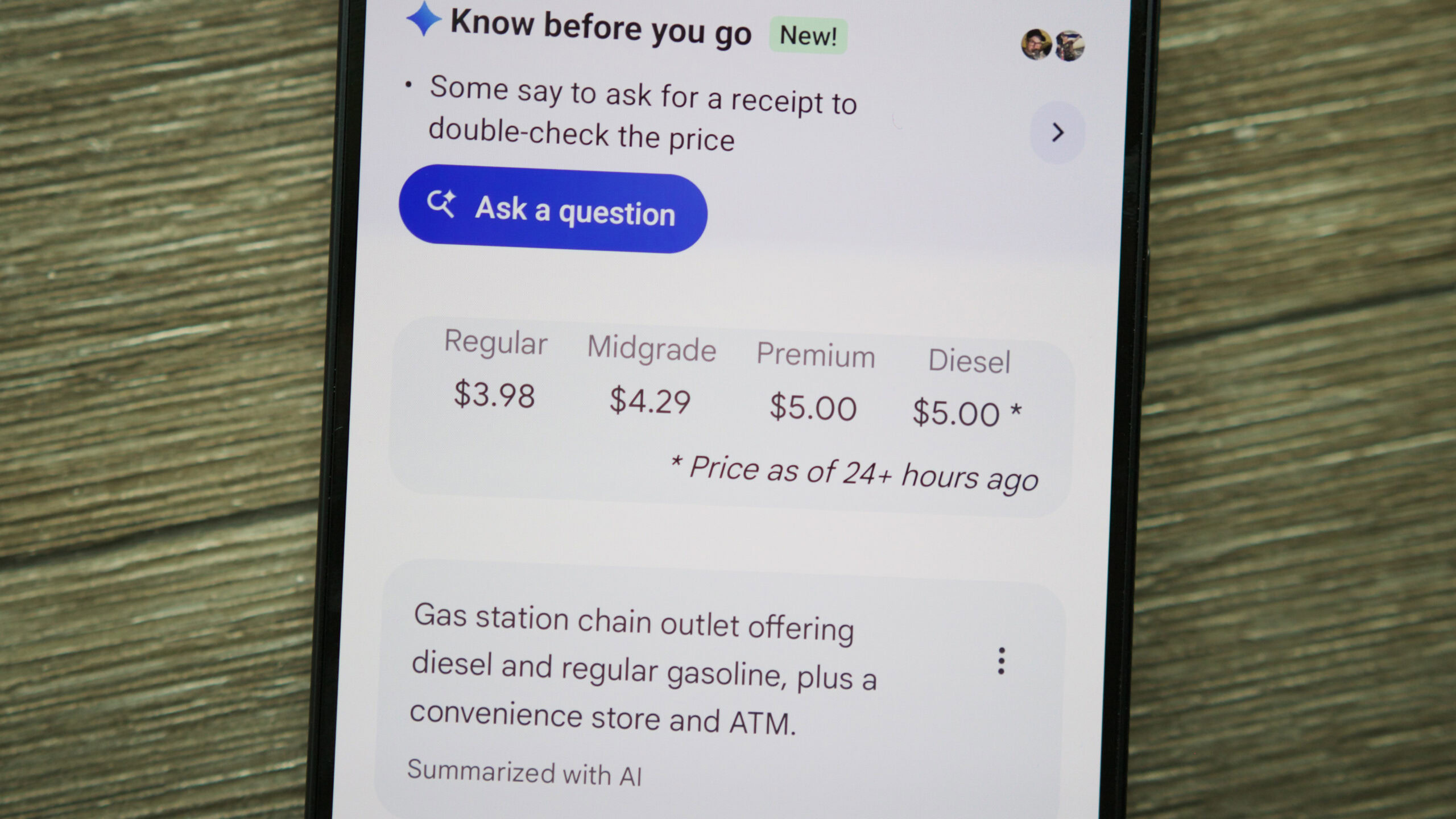 Gas prices displayed on Google Maps.