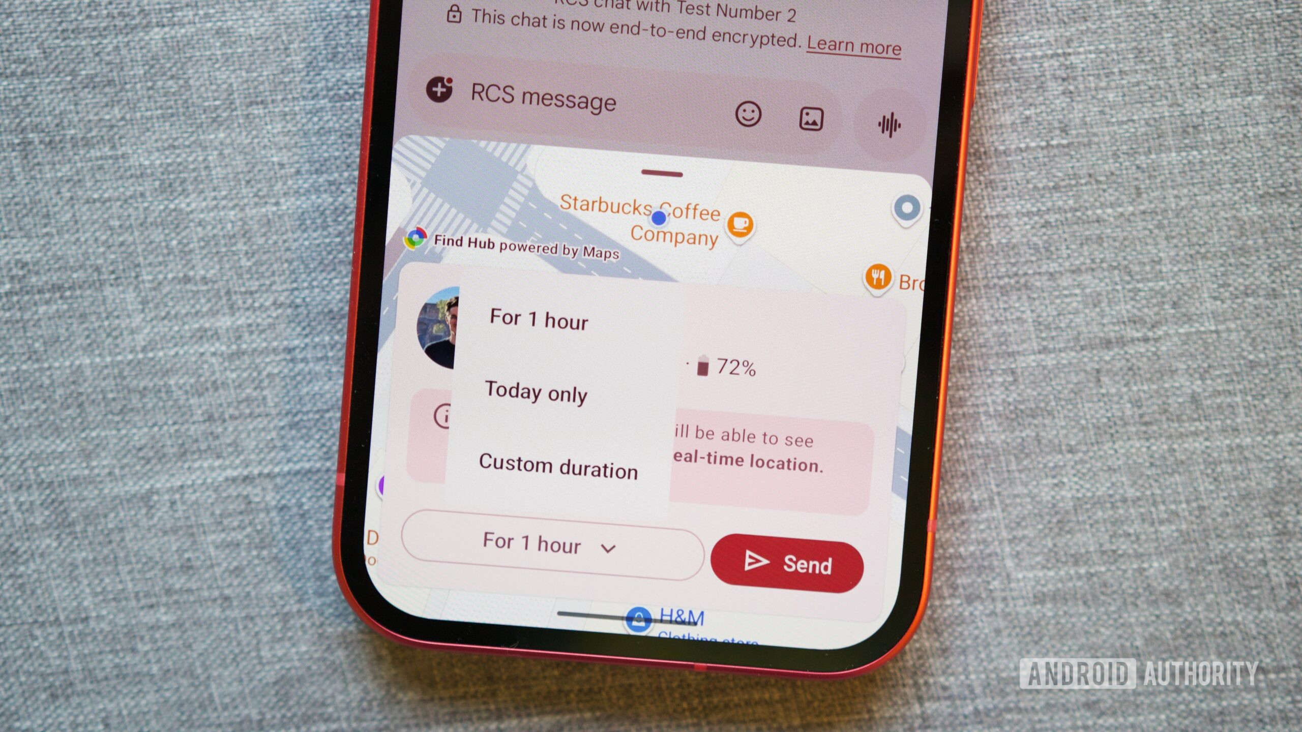 Customizing sharing time with real-time location sharing in Google Messages.