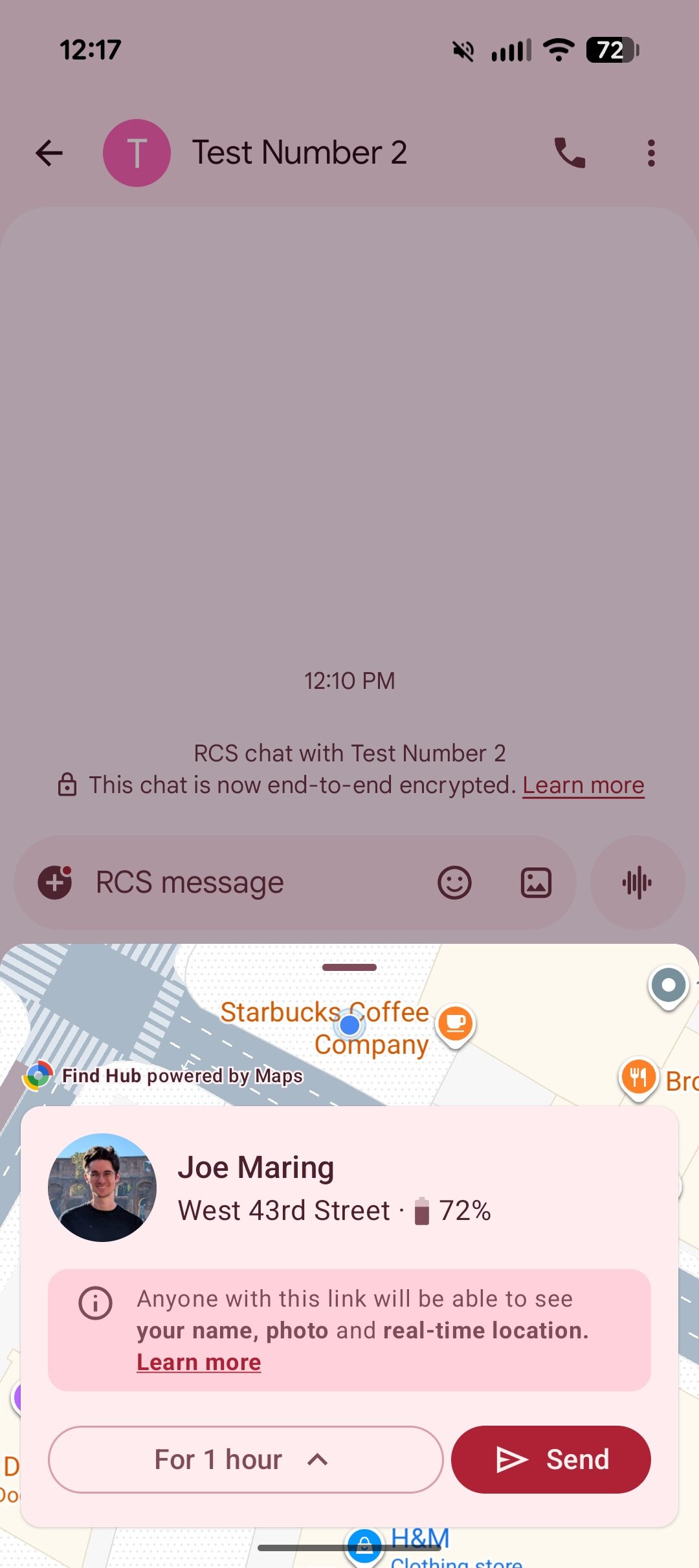 Screenshot showing what it looks like to share your real-time location in Google Messages.