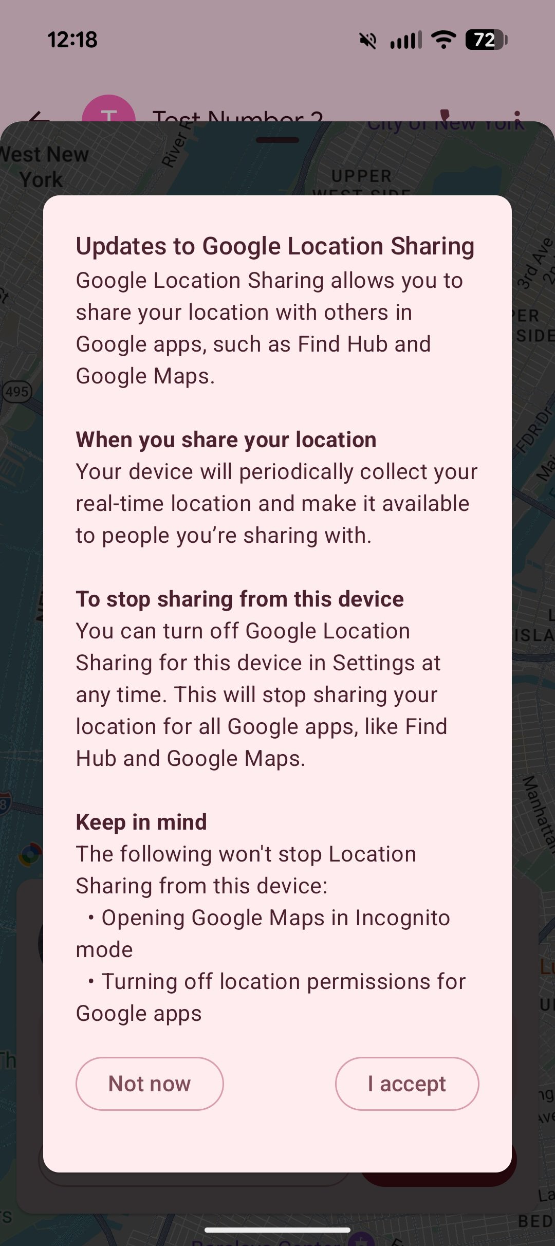 Screenshot showing what it looks like to share your real-time location in Google Messages.