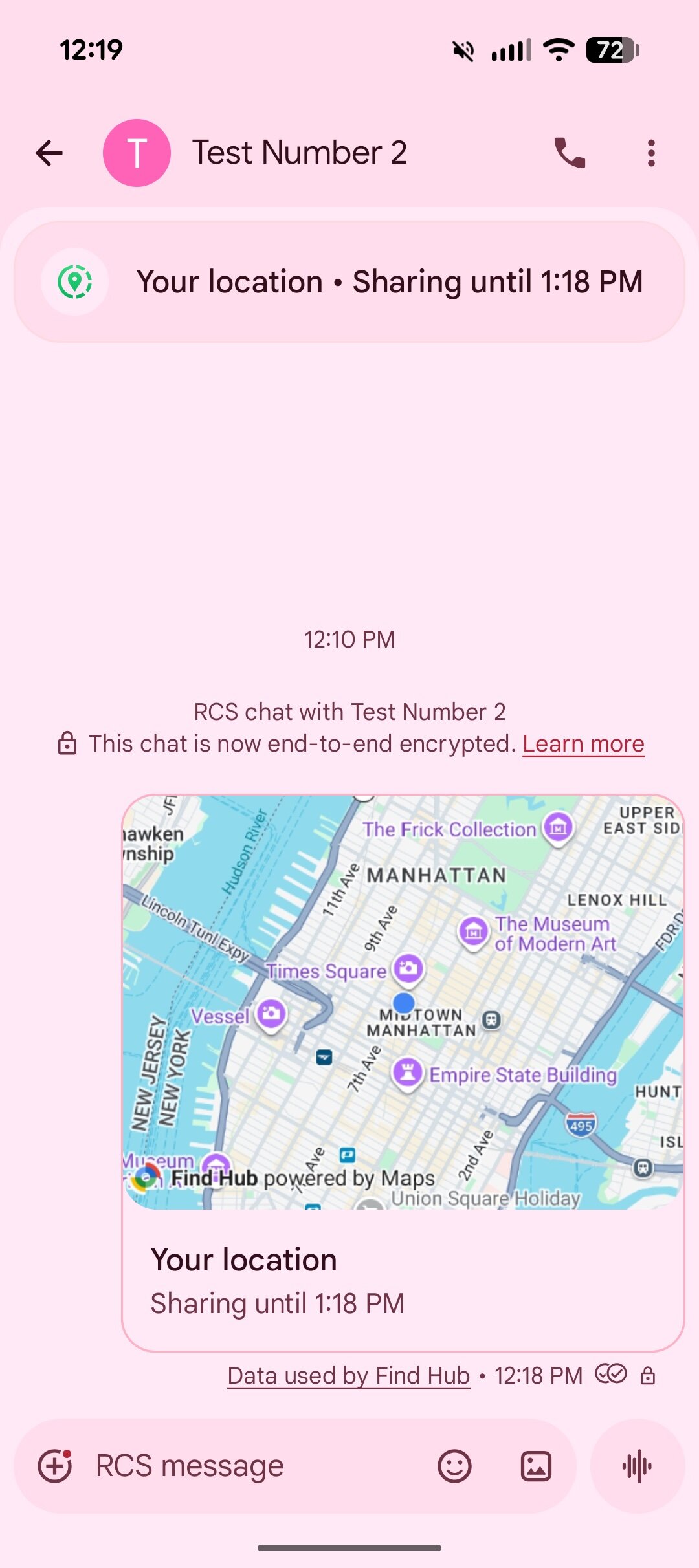 Screenshot showing what it looks like to share your real-time location in Google Messages.