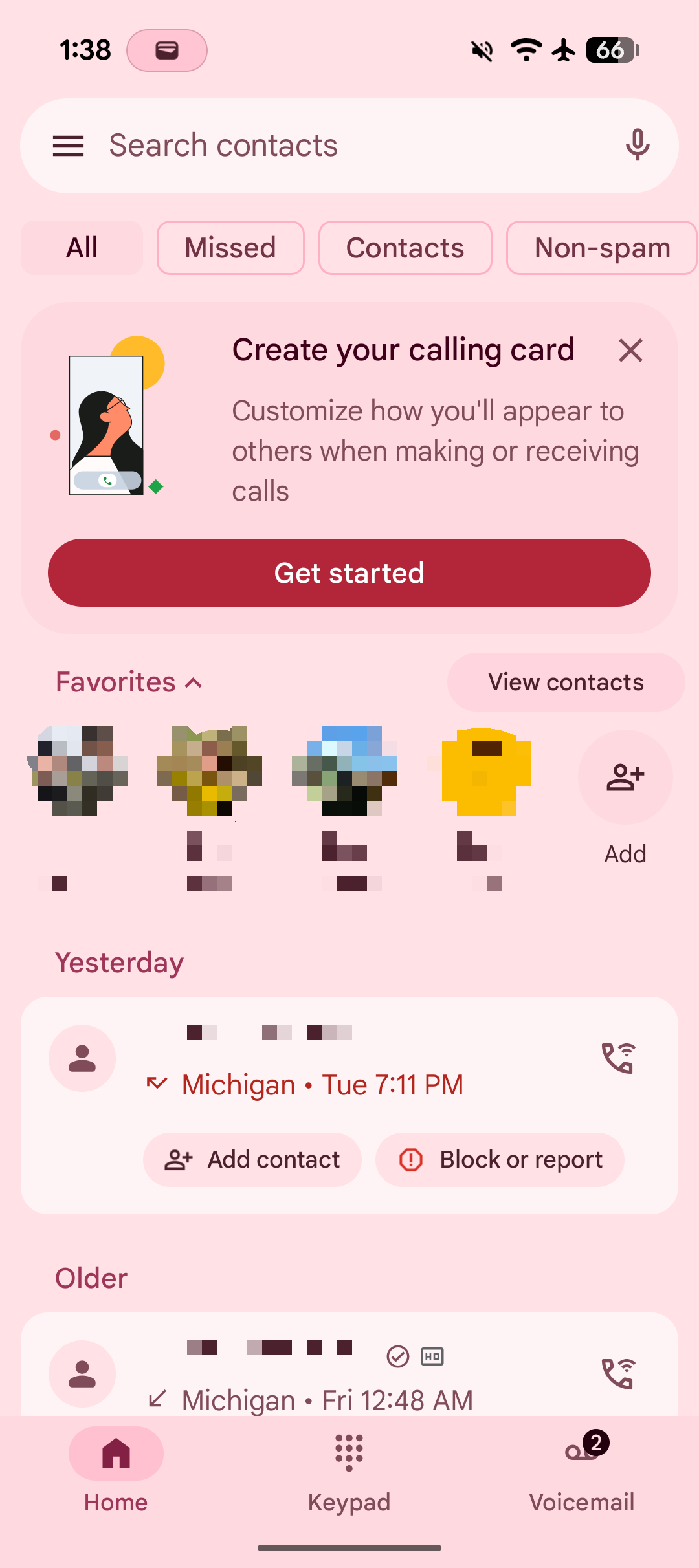 Screenshot of the Google Phone app.