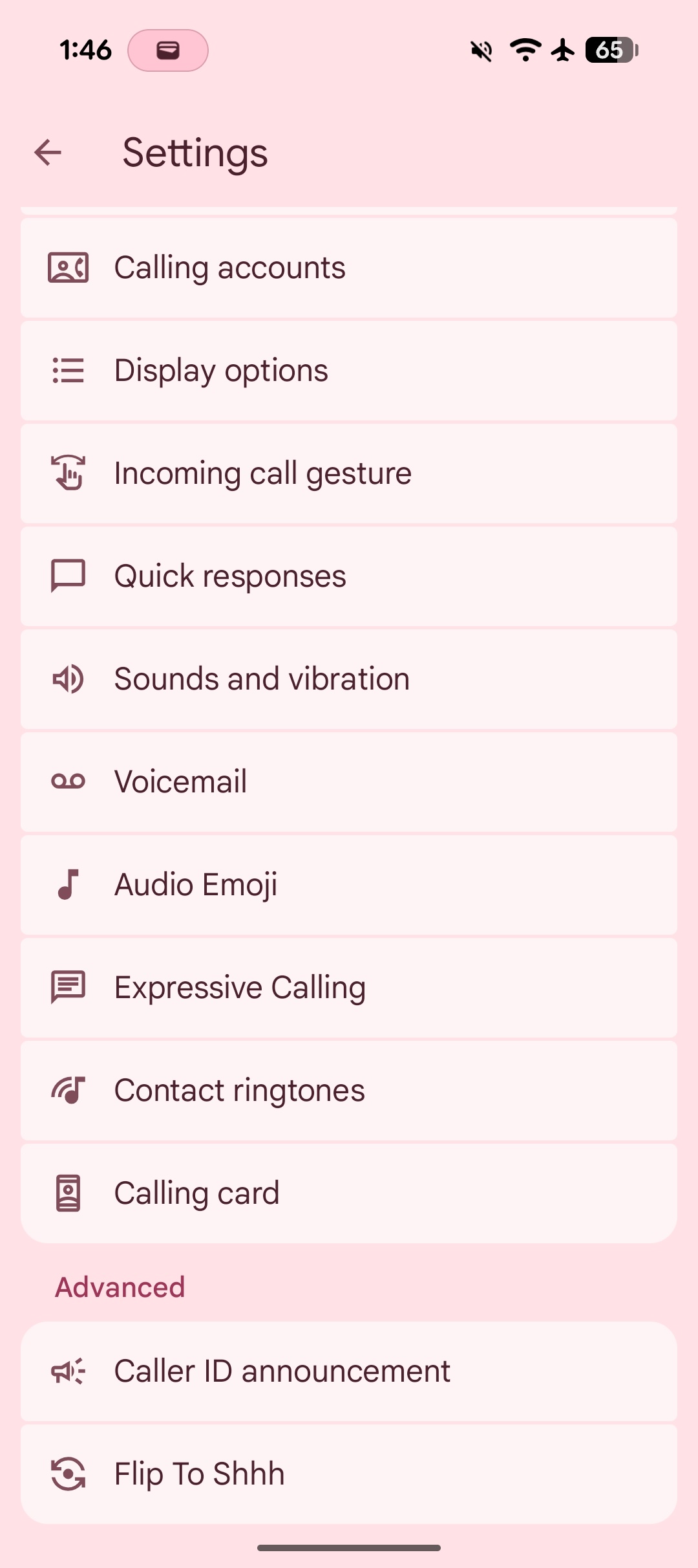 Screenshot of the Google Phone app settings.