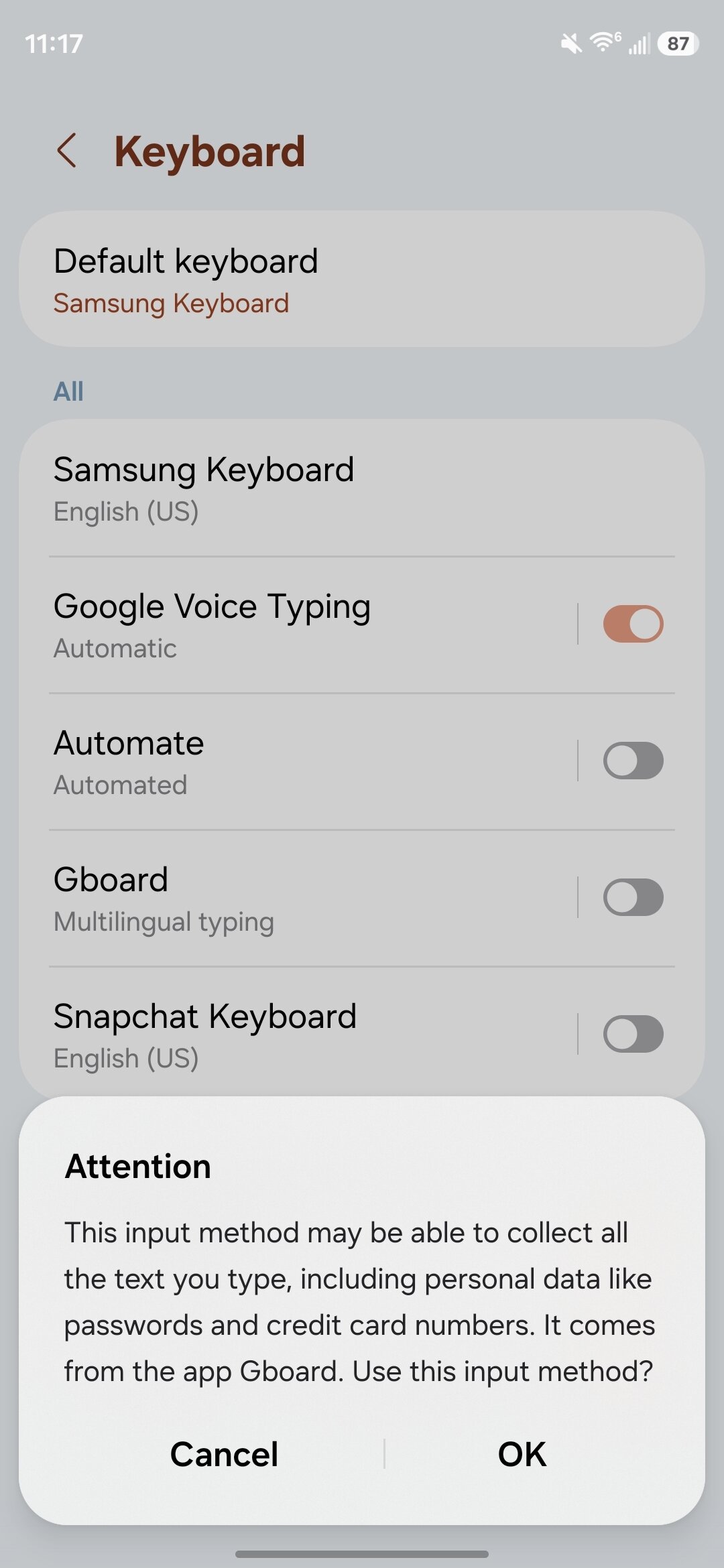 Screenshot of getting rid of Samsung Keyboard on a Samsung phone.