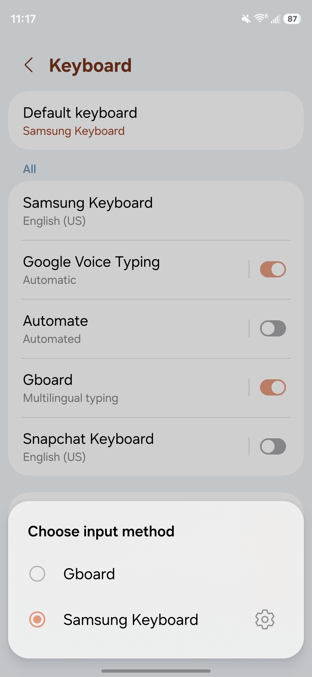 Screenshot of getting rid of Samsung Keyboard on a Samsung phone.