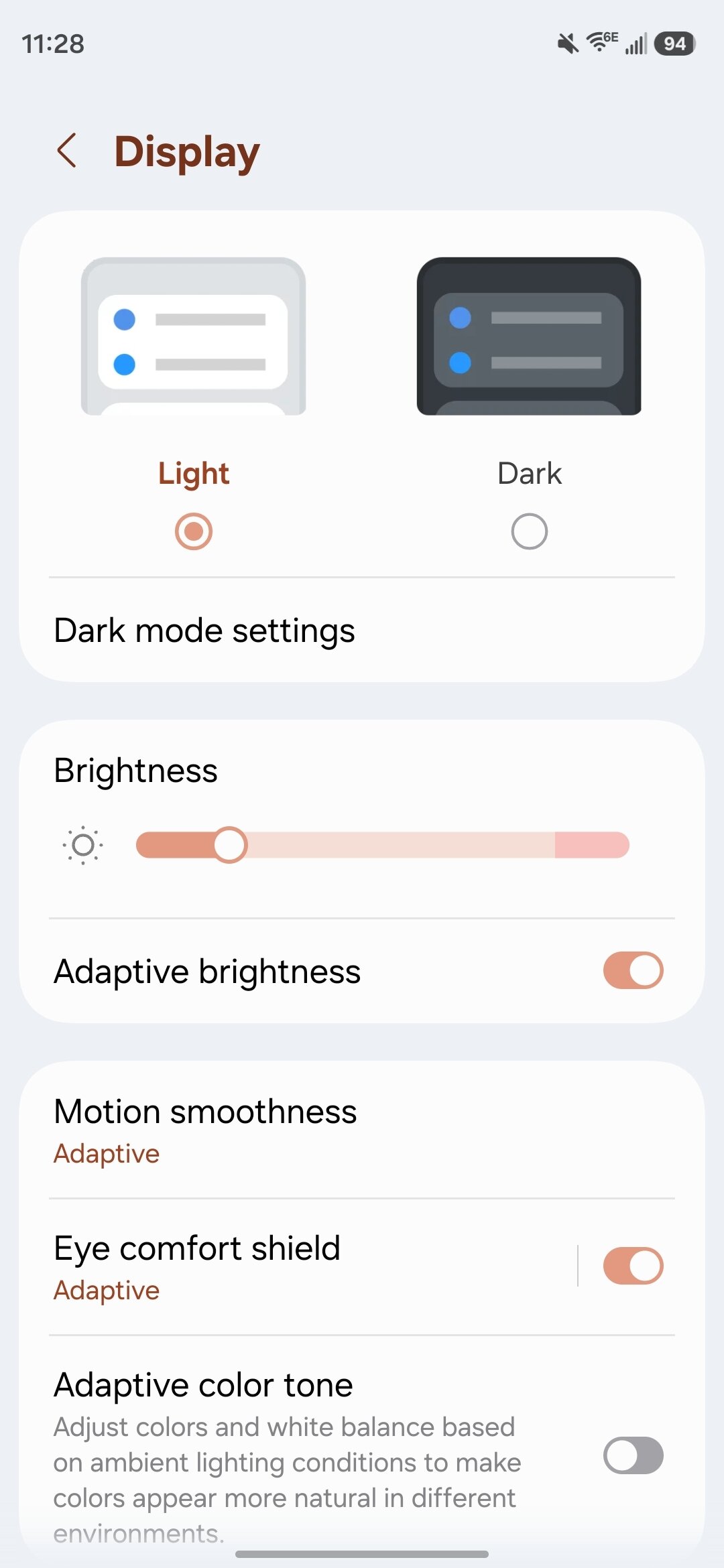 Screenshot of display settings on a Samsung phone.