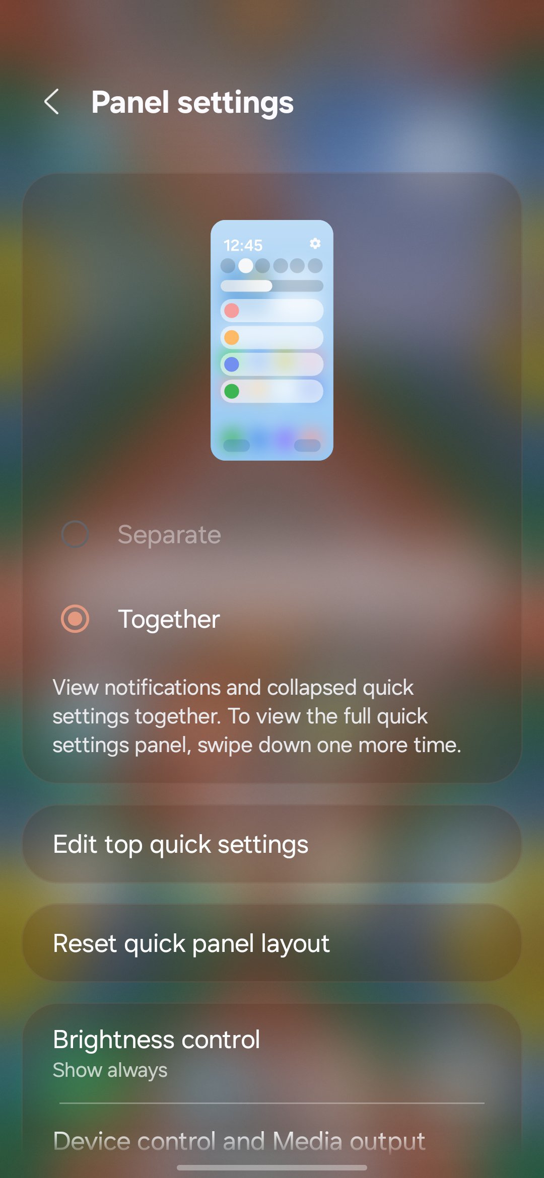 Screenshot showing how to disable split notification and Quick Settings layout on a Samsung phone.
