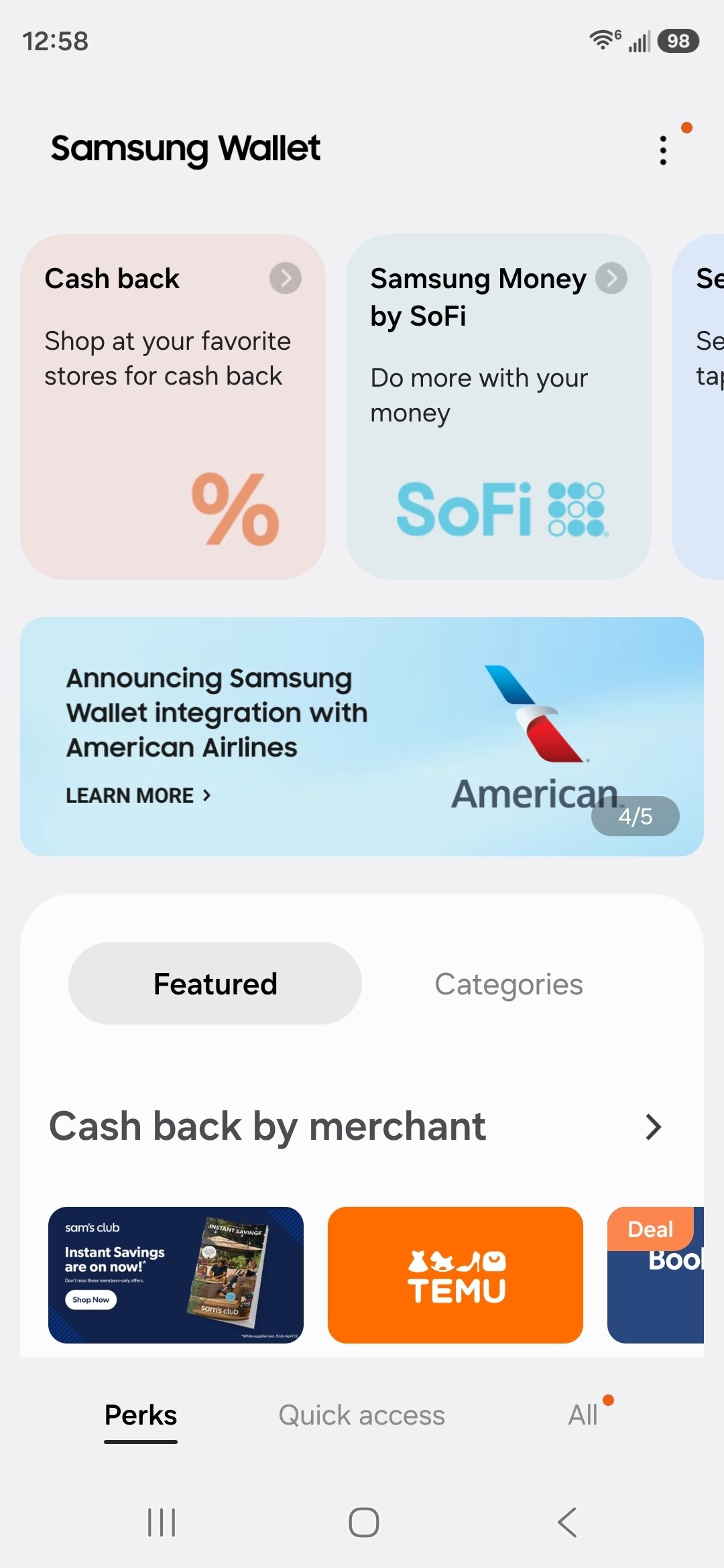Screenshot showing how to turn off Quick Access shortcuts for Samsung Wallet.