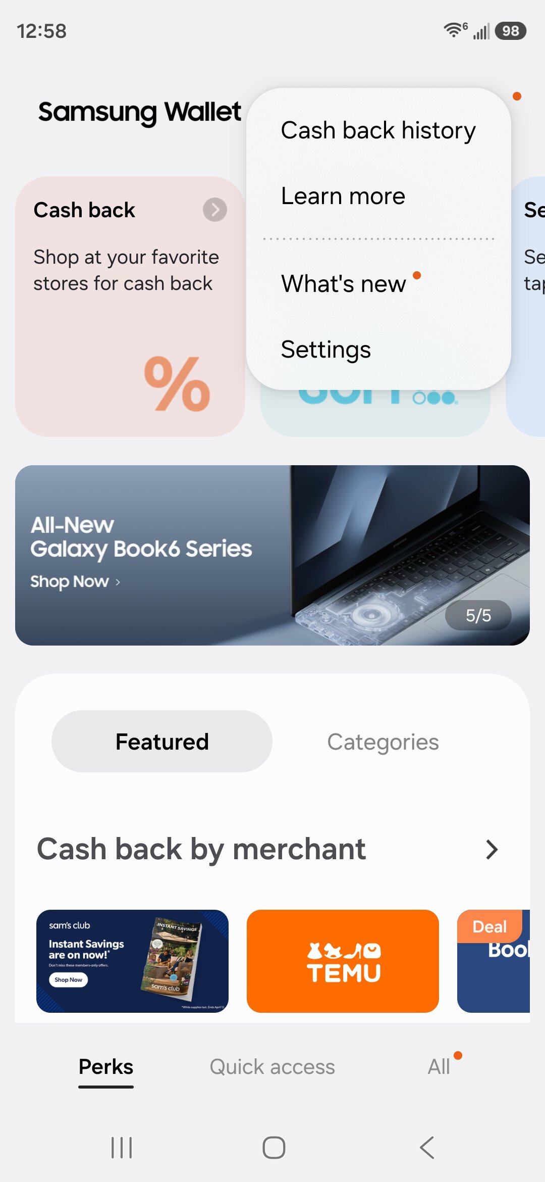 Screenshot showing how to turn off Quick Access shortcuts for Samsung Wallet.