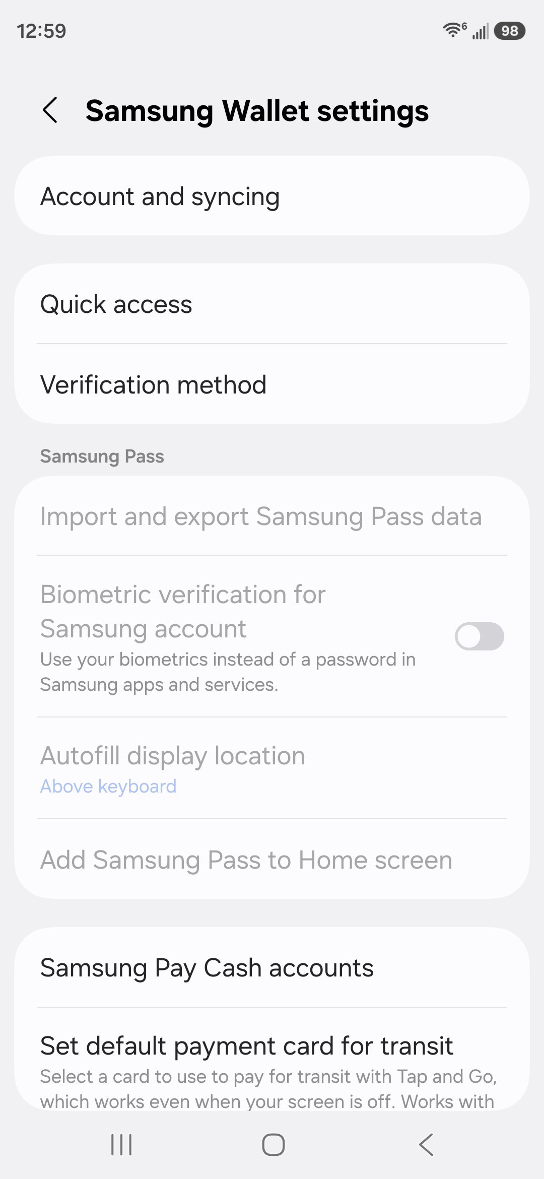 Screenshot showing how to turn off Quick Access shortcuts for Samsung Wallet.