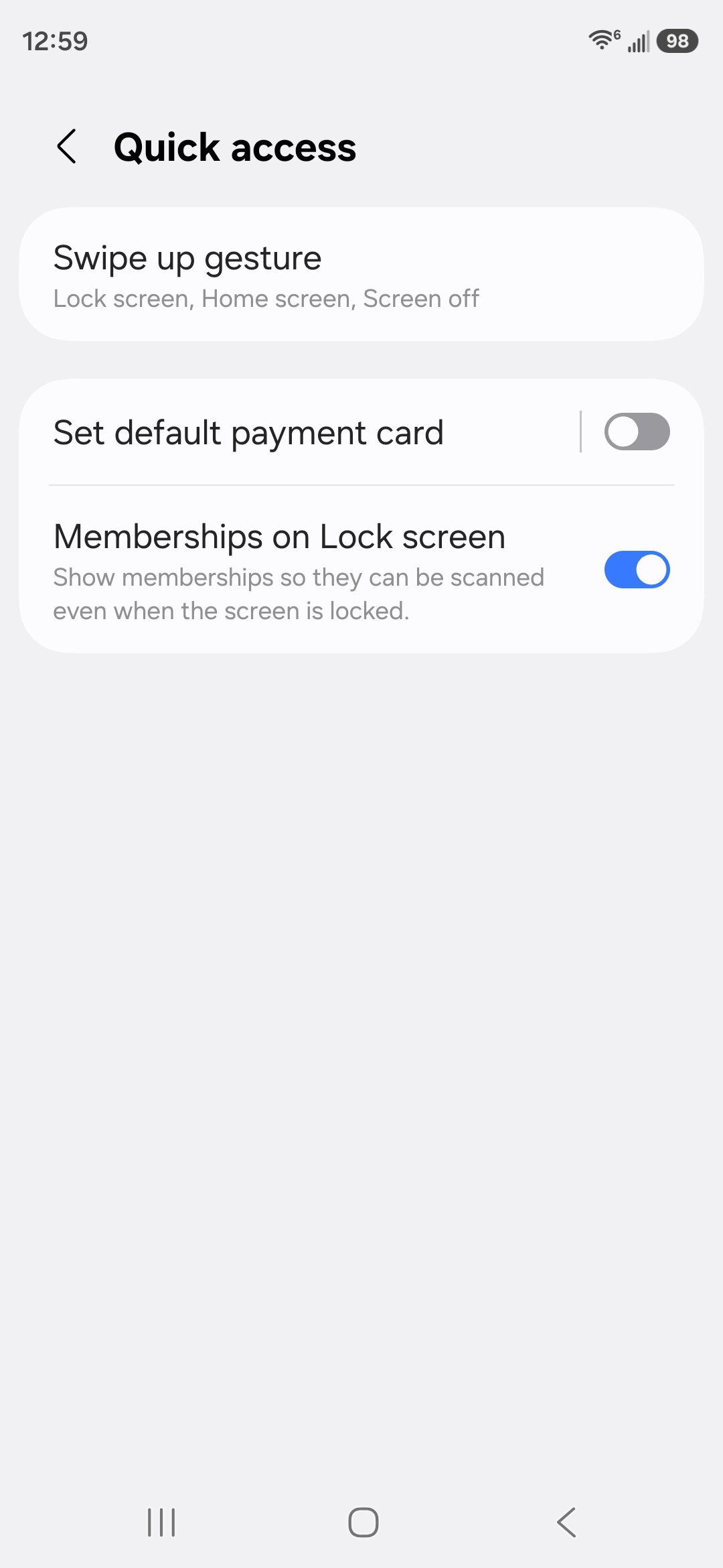Screenshot showing how to turn off Quick Access shortcuts for Samsung Wallet.