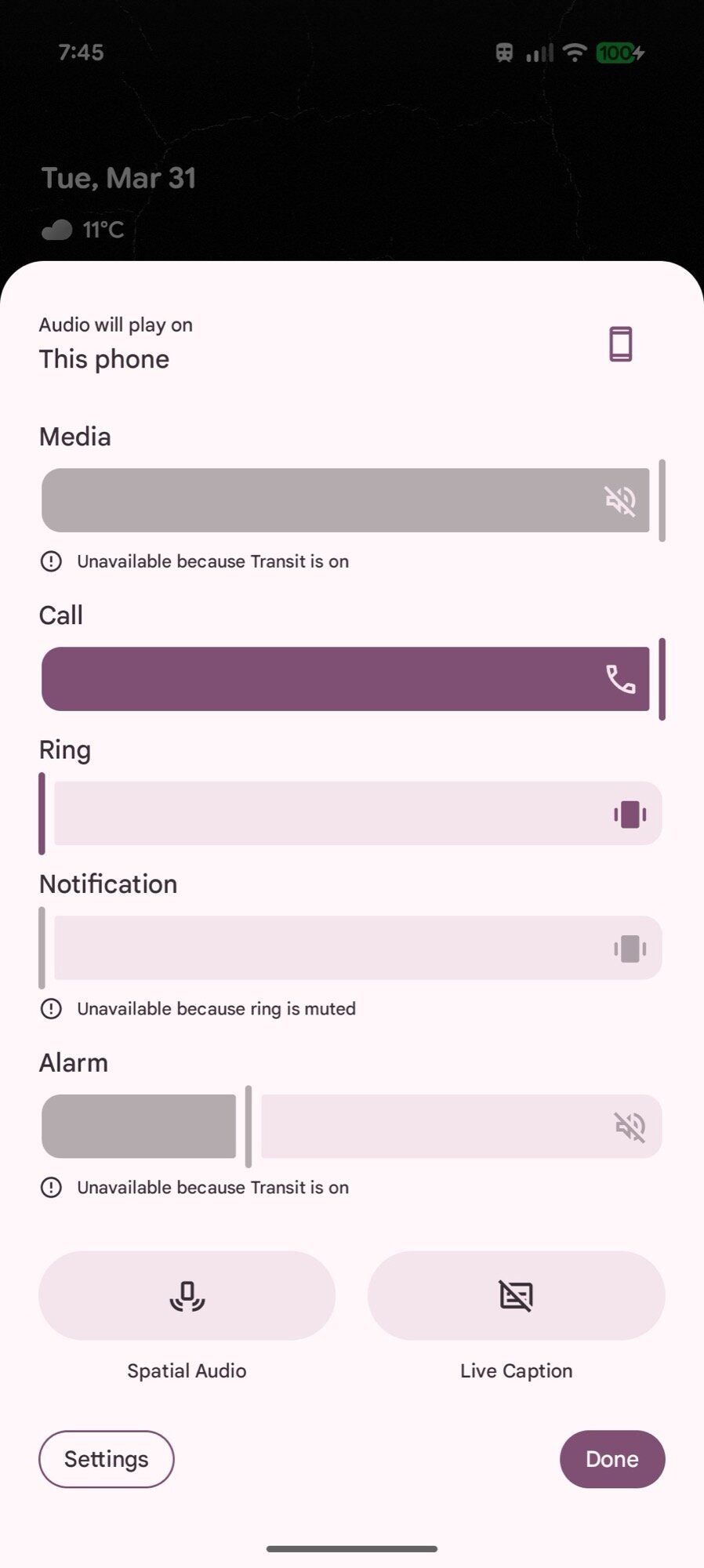 screenshot pixel android transit mode volume panel