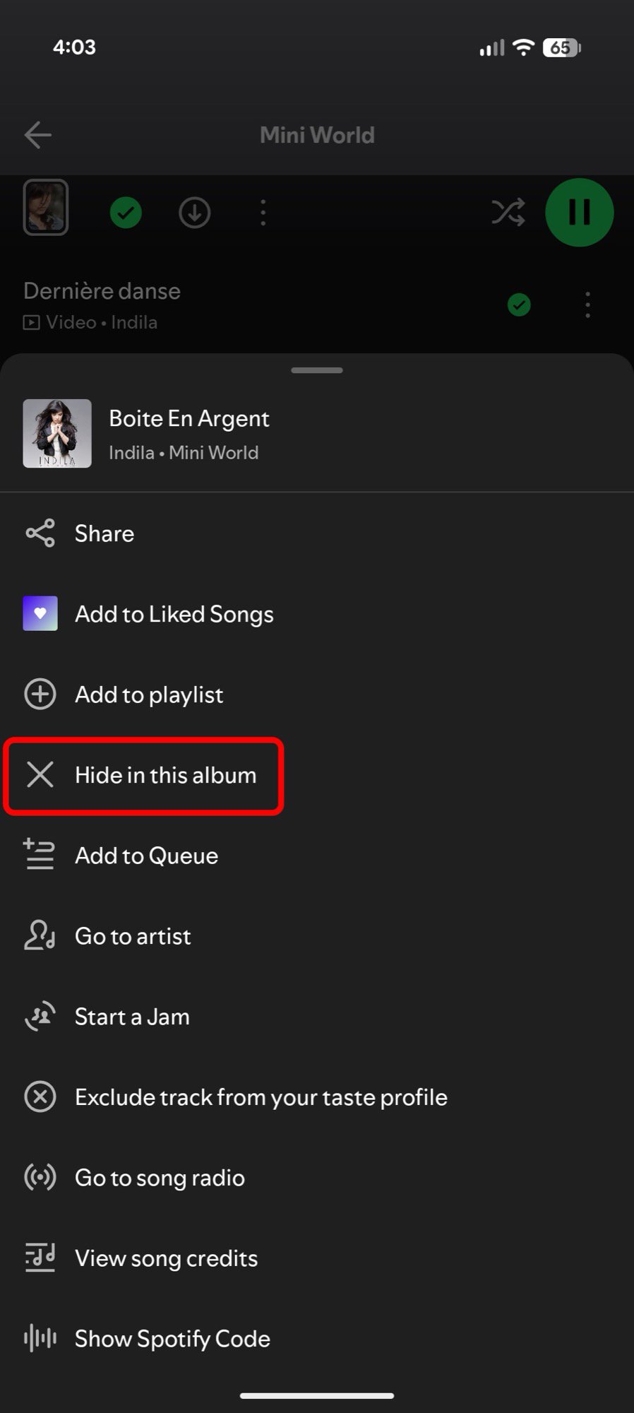 spotify hide song in album